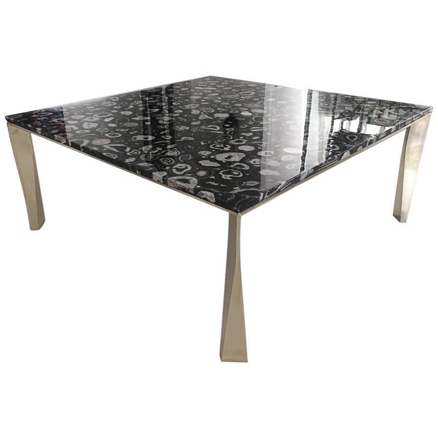 'Grand Architectonic' Black Agate Gemstone Dining Table / Desk with Brass Feet For Sale