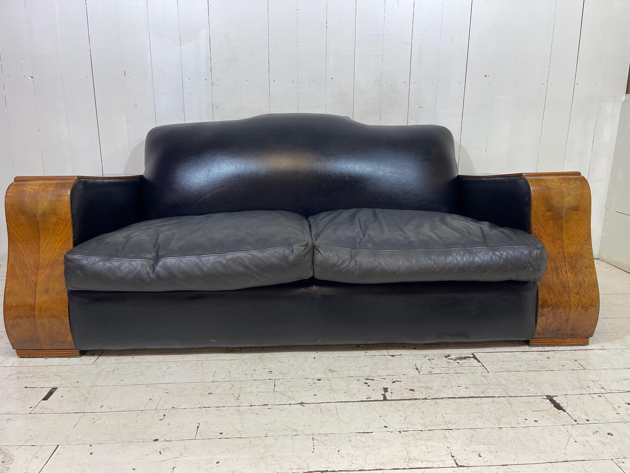 Grand Art Deco Bentwood Sofa in Distressed Leather  For Sale 8