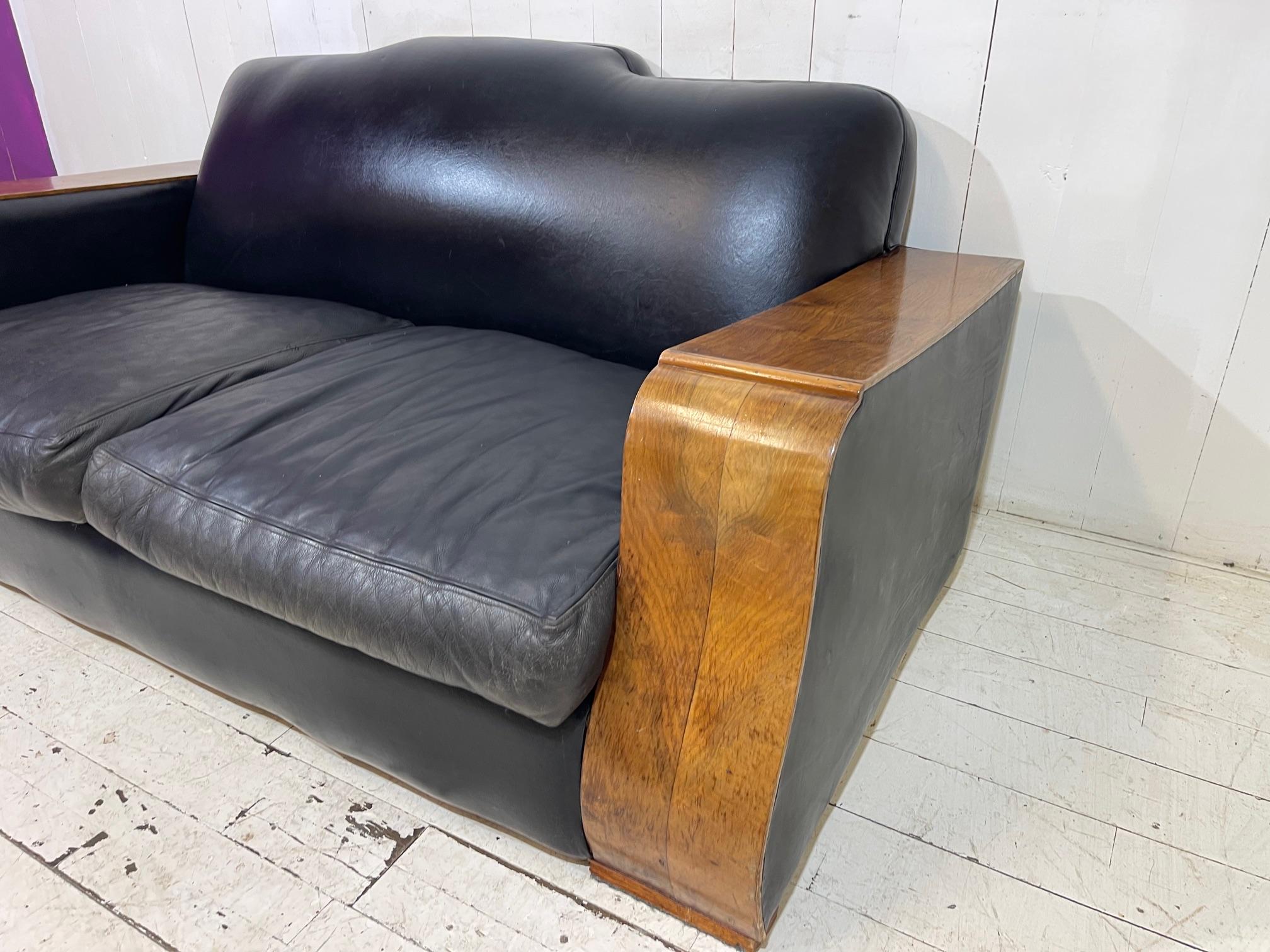 Early 20th Century Grand Art Deco Bentwood Sofa in Distressed Leather  For Sale