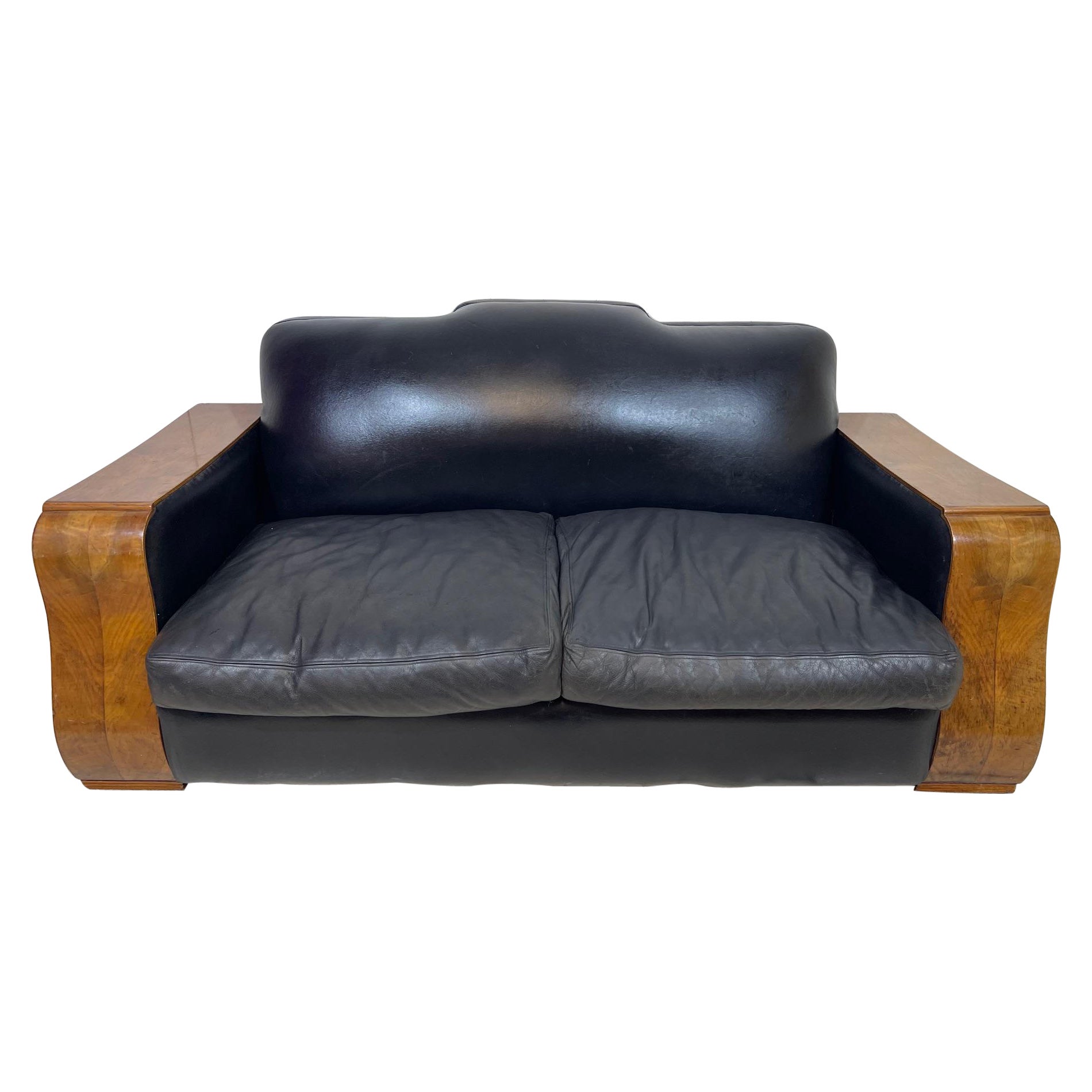 Grand Art Deco Bentwood Sofa in Distressed Leather For Sale