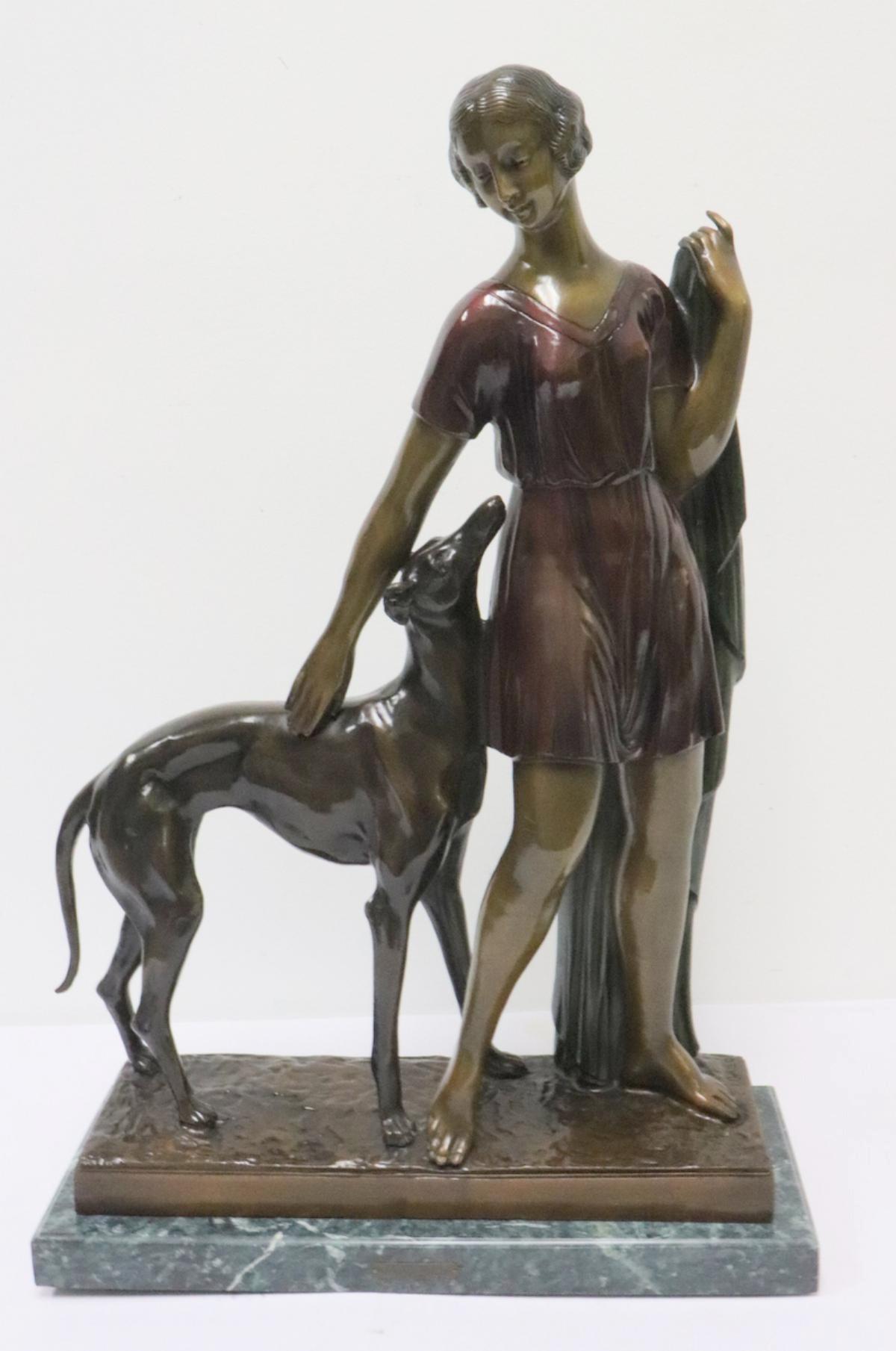 French Grand Art Deco Bronze Sculpture of a Woman and Greyhound by Ignacio Gallo