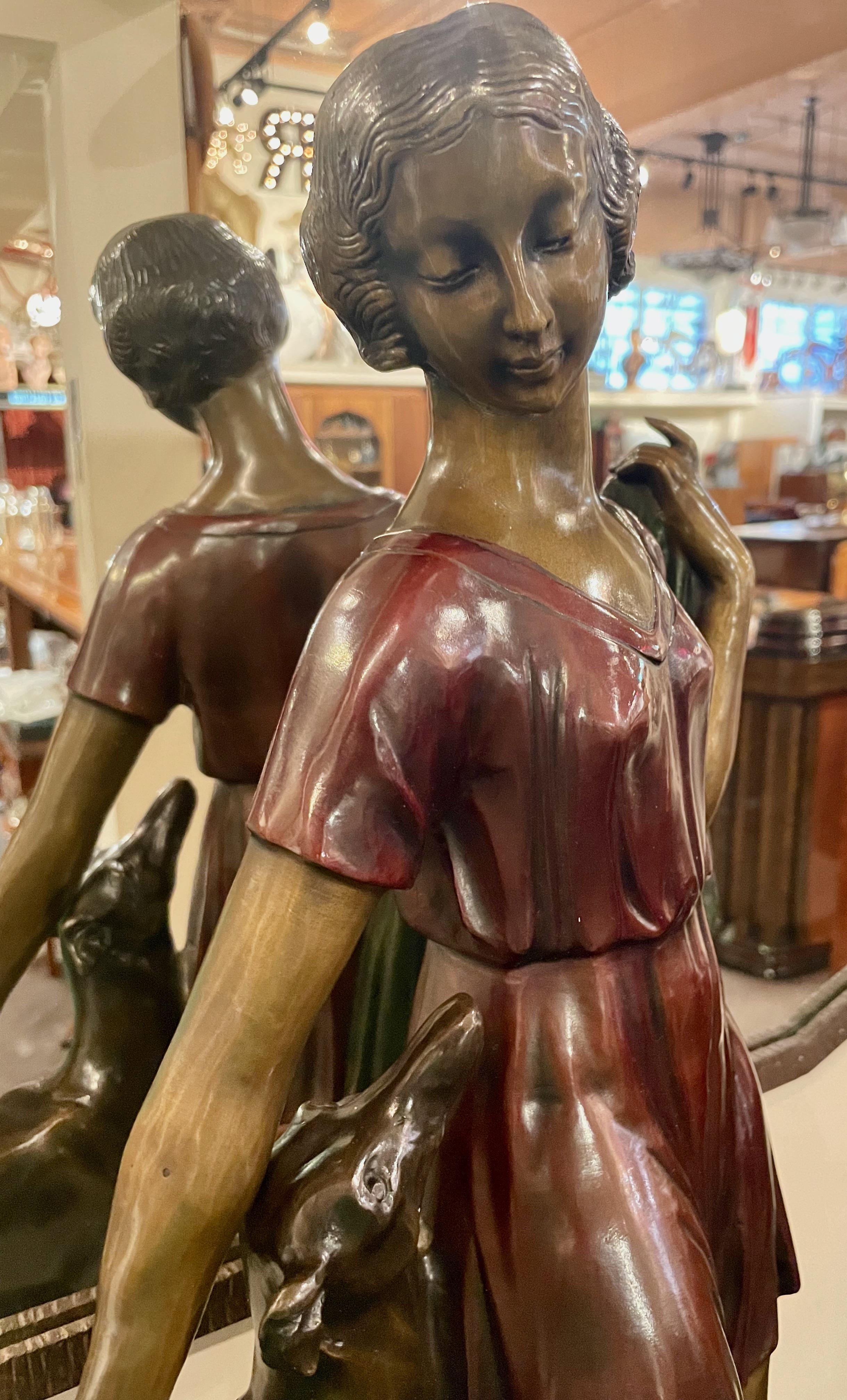 Grand Art Deco Bronze Sculpture of a Woman and Greyhound by Ignacio Gallo In Good Condition In Oakland, CA