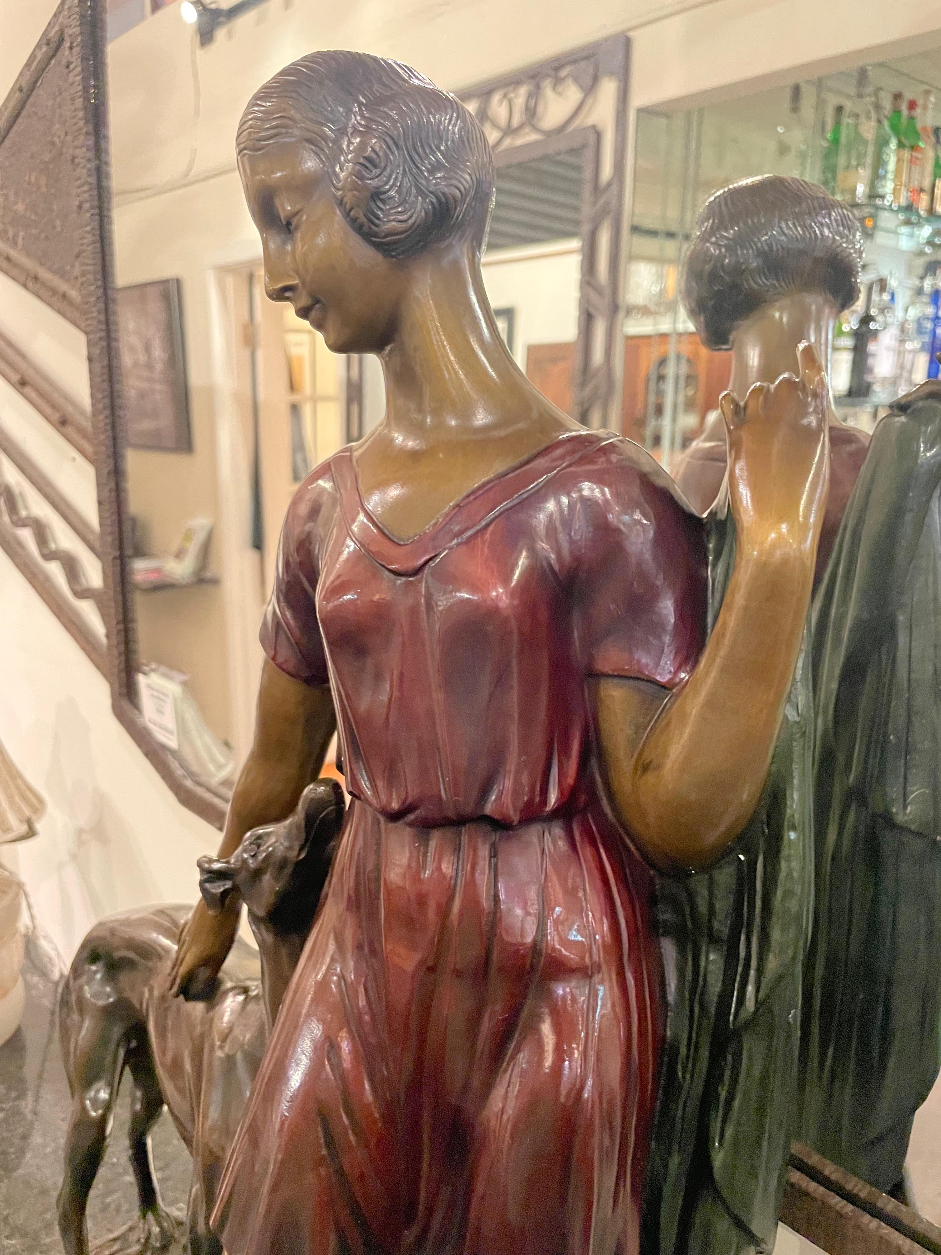 Grand Art Deco Bronze Sculpture of a Woman and Greyhound by Ignacio Gallo 1