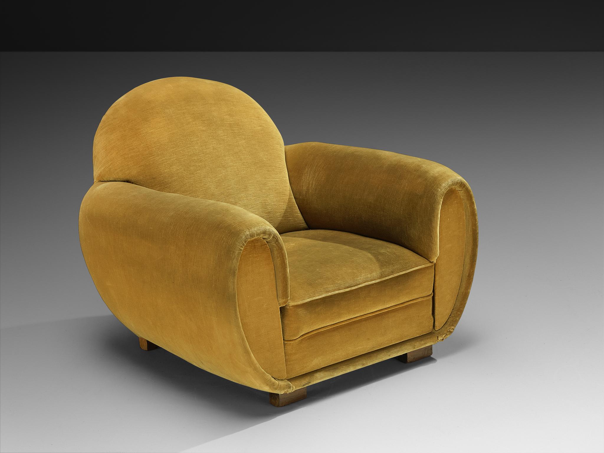 Gran Sillón Art Decó de Terciopelo Amarillo Ocre en venta 2