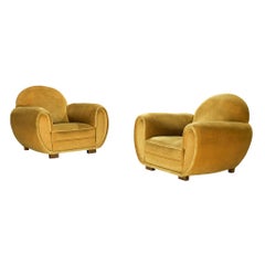 Grand Art Deco Club Chairs in Ochre Yellow Velvet