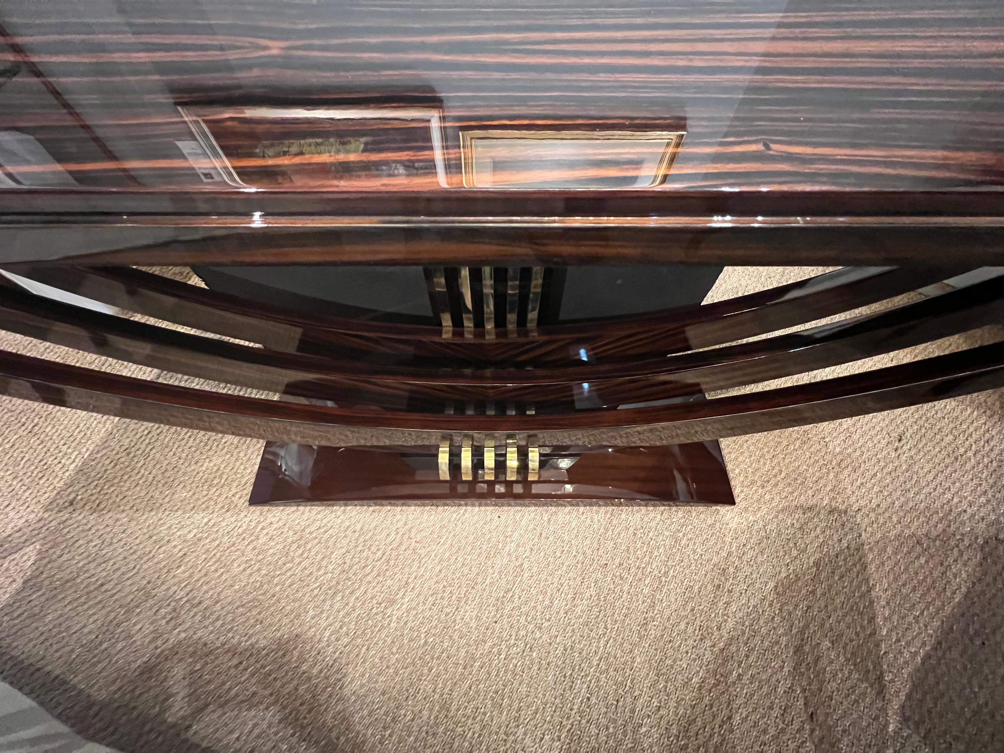 Mid-20th Century Grand Art Deco French Console in Macassar with Brass Elements For Sale