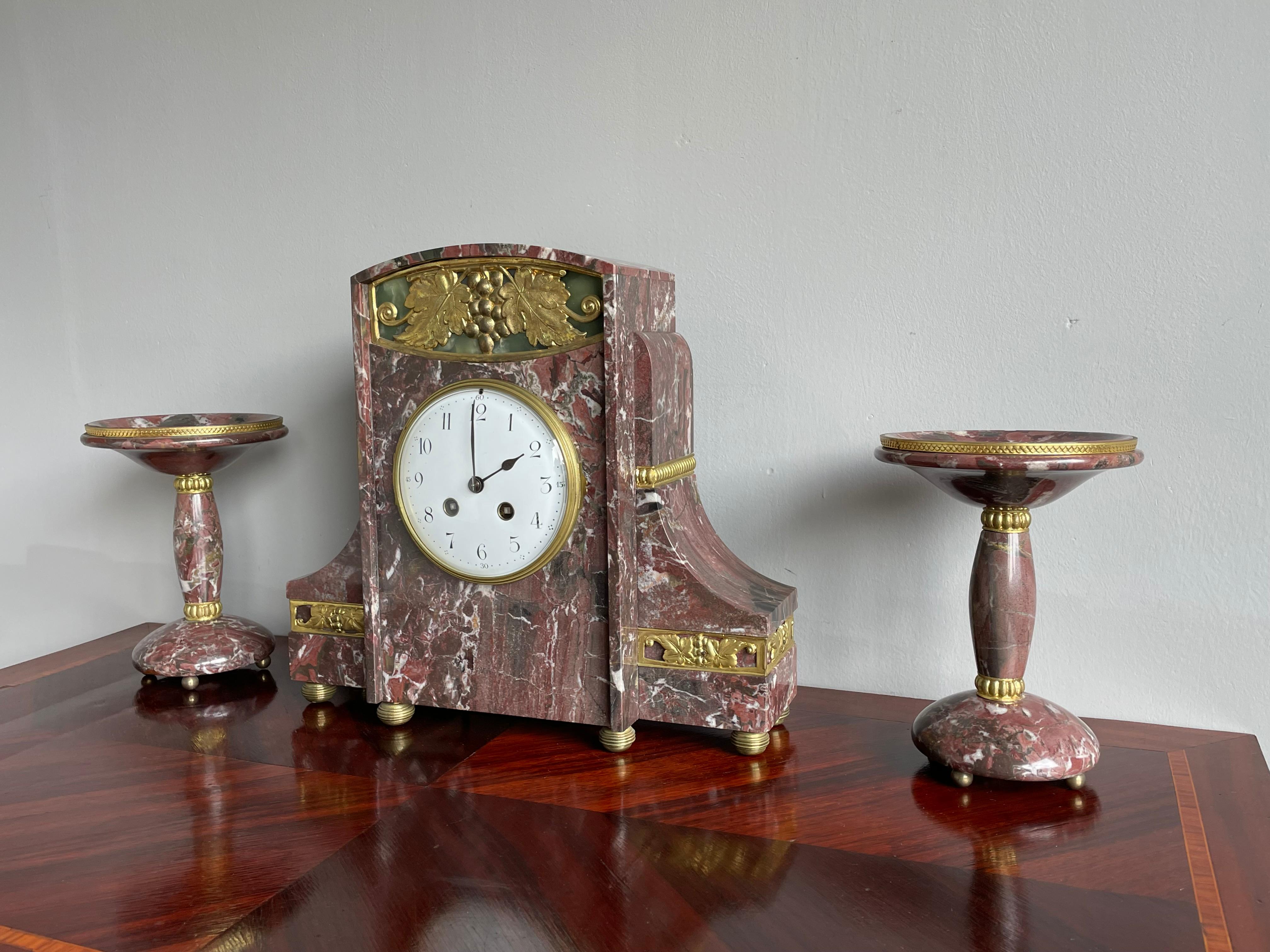 Glass Grand Art Deco Marble Table or Mantel Clock Set w. Gilt Brass, Bronze and Onyx For Sale