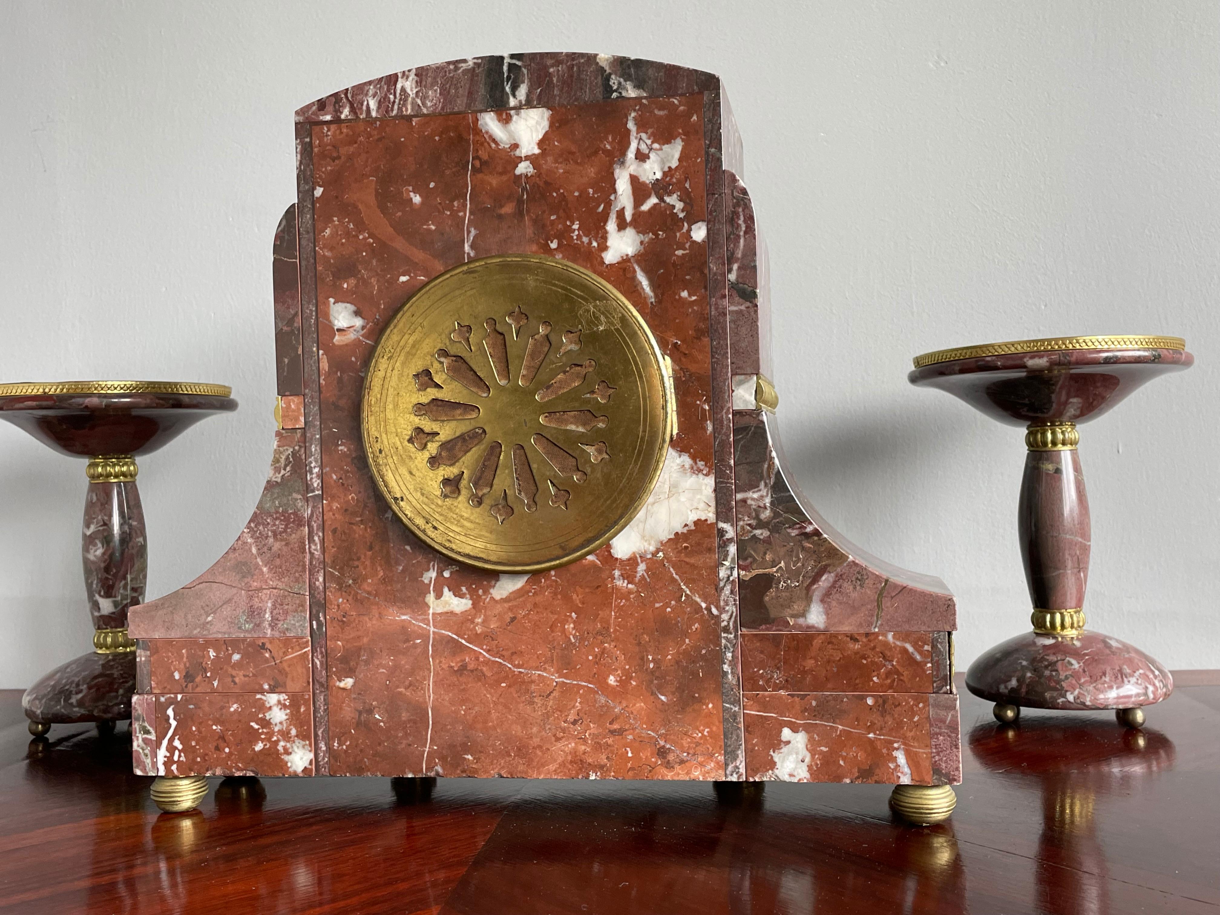 Grand Art Deco Marble Table or Mantel Clock Set w. Gilt Brass, Bronze and Onyx For Sale 2