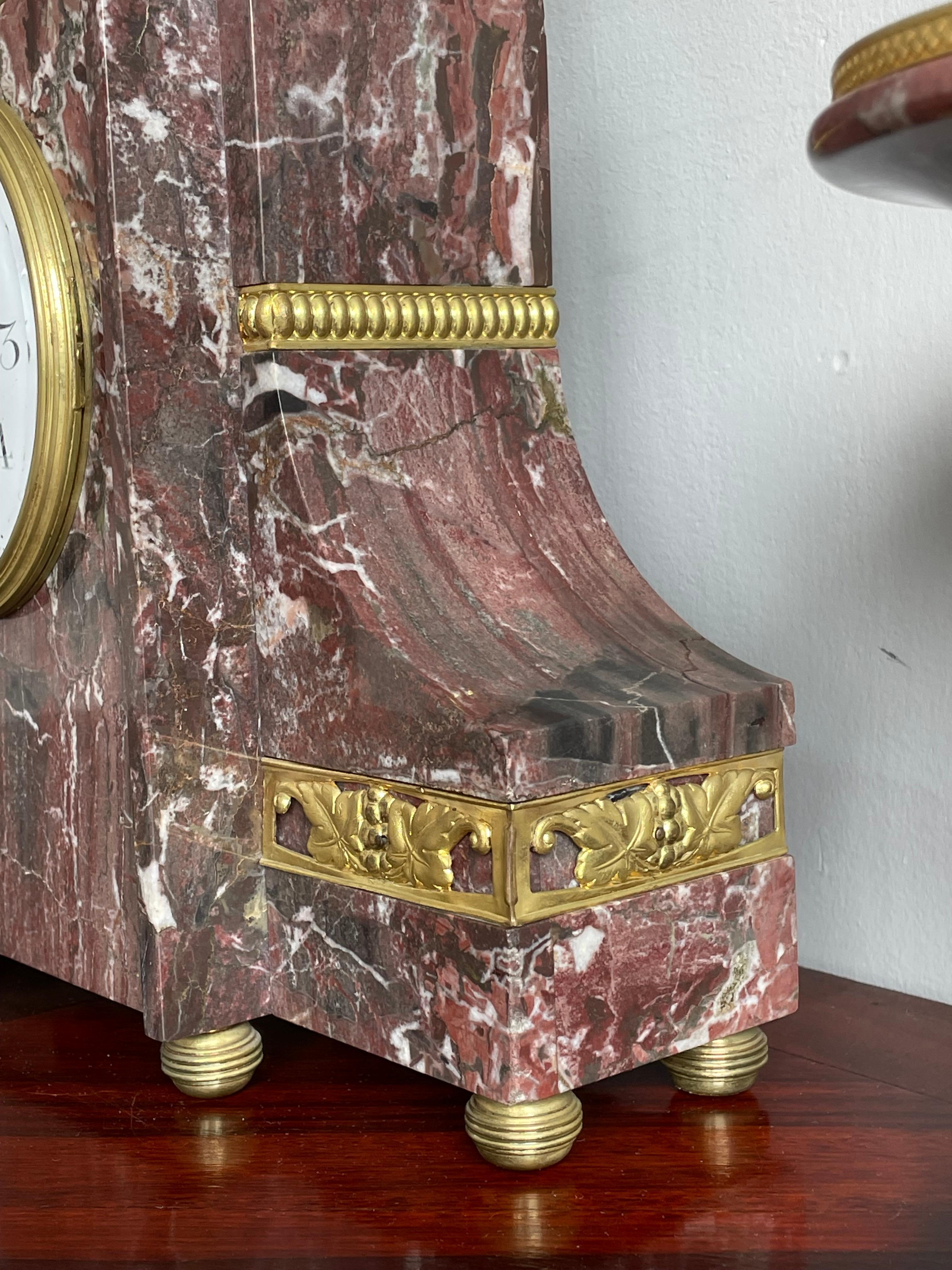 French Grand Art Deco Marble Table or Mantel Clock Set w. Gilt Brass, Bronze and Onyx For Sale