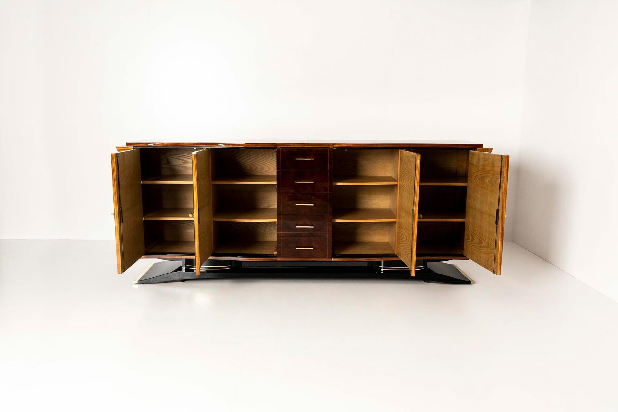 Mid-20th Century Grand Art Deco Sideboard in Rosewood Veneer with Brass Details, France, 1930s For Sale