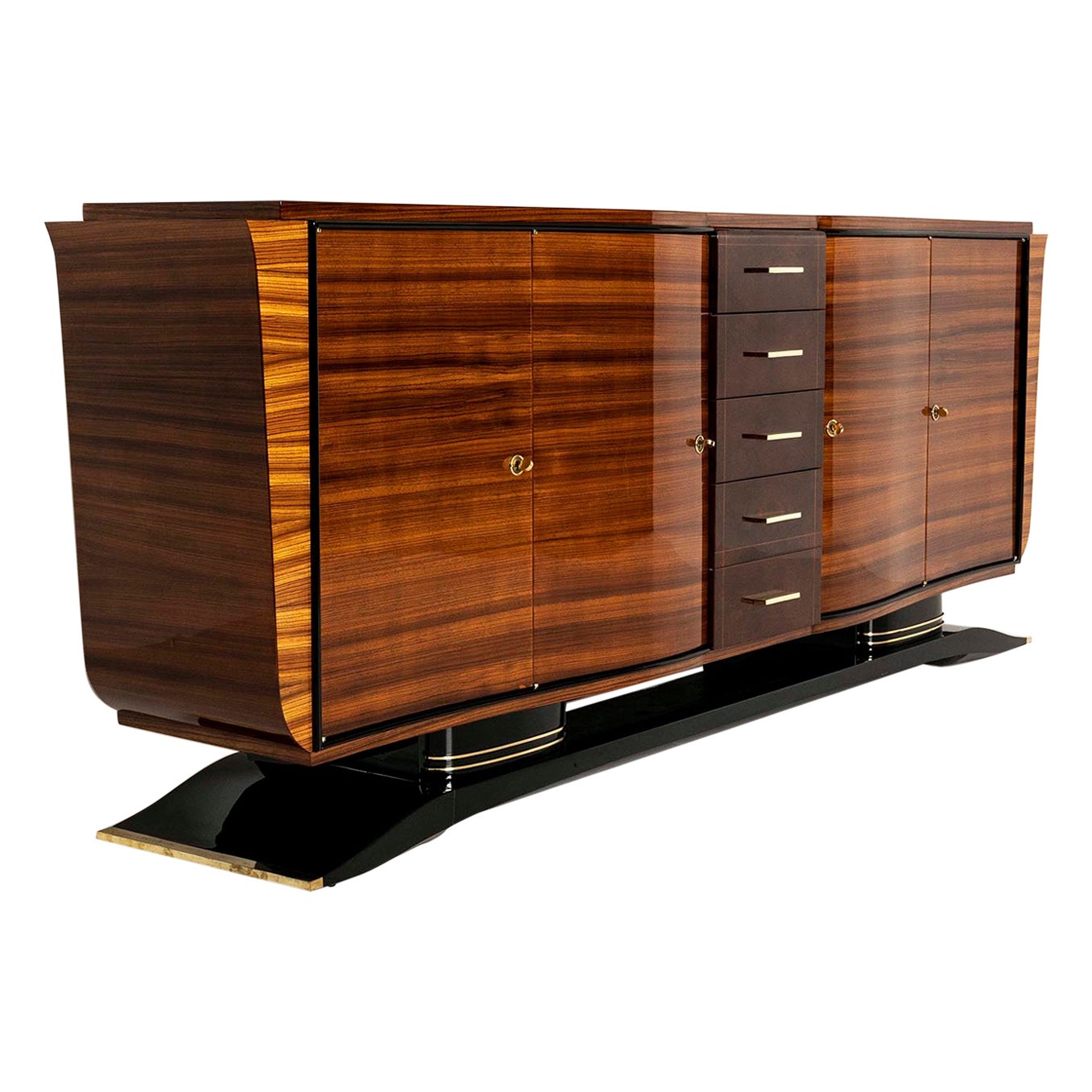 Grande credenza Art Déco in legno di palissandro con dettagli in ottone, Francia, anni '30