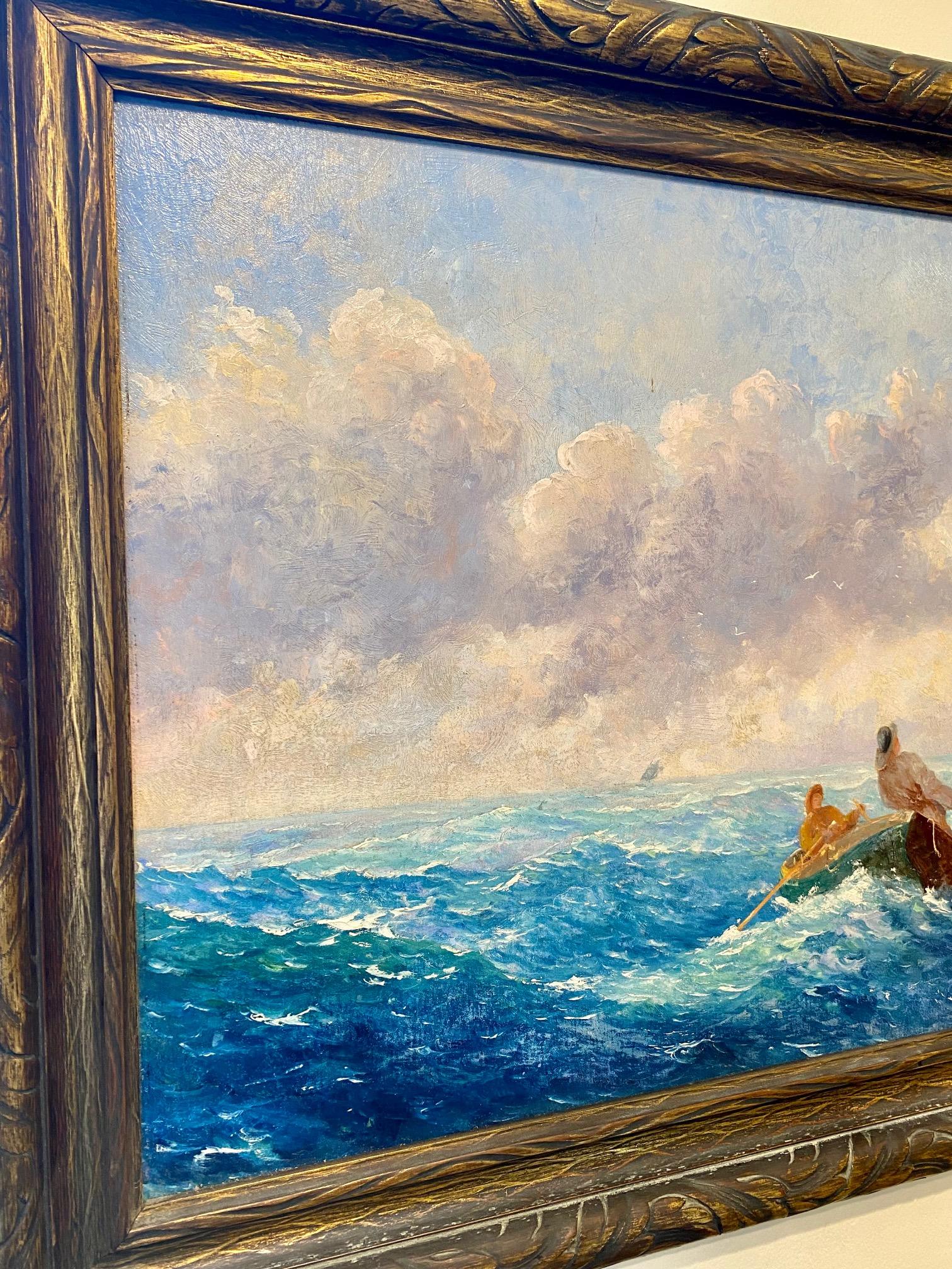 Antique grand banks dory fishermen seascape by Joseph A. Woods, circa 1910, an impressionist oil on panel seascape with two fishermen in dory in the foreground hauling back on their trawl line, the bright red line buoy flashing in the brilliantly