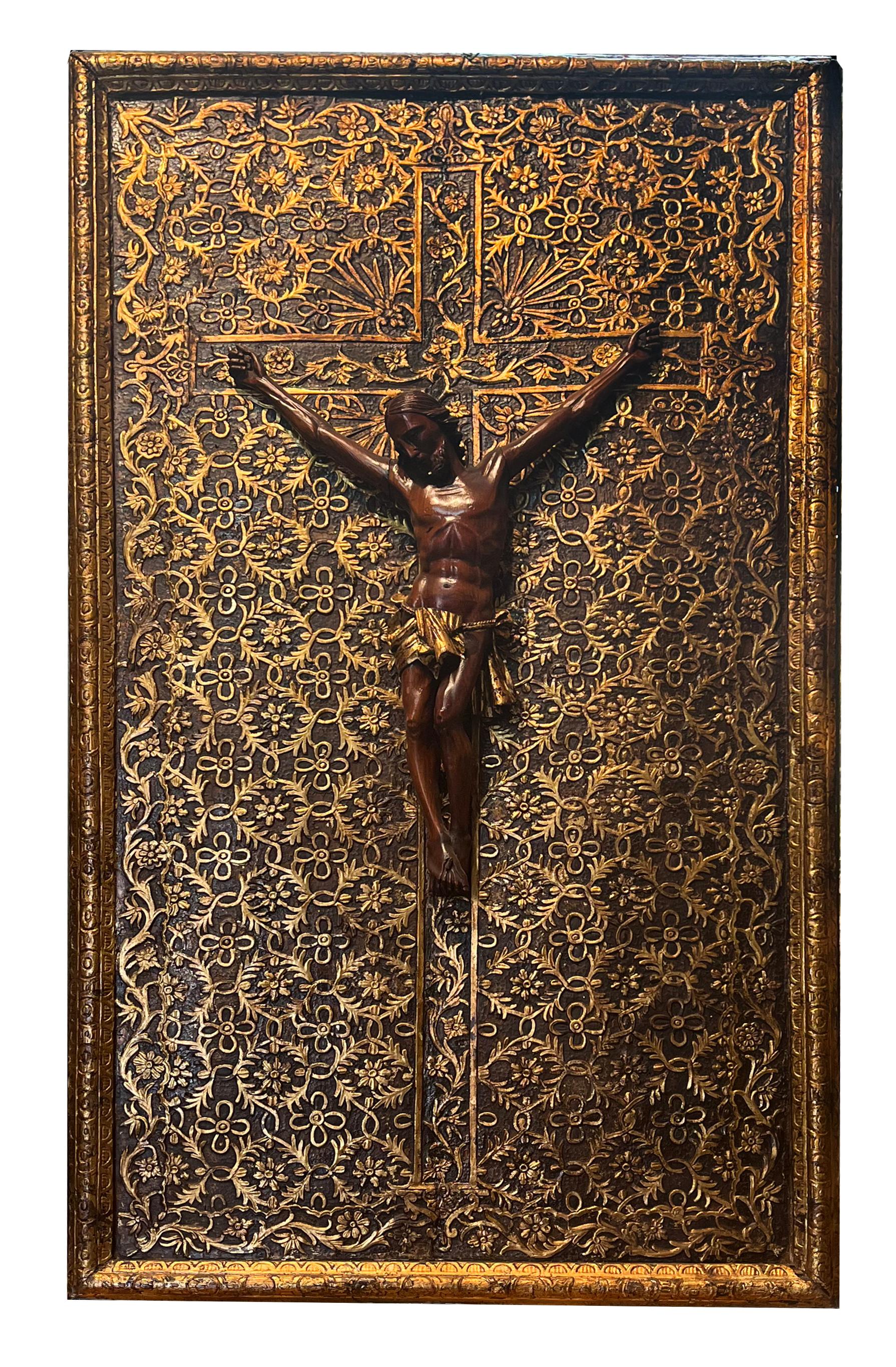 Grand Baroque composition made in Naples in the mid-17th century intended for the private chapel of a noble Neapolitan family. In the early nineteenth century on the finely executed background with gilded decorations in relief was inserted a wooden
