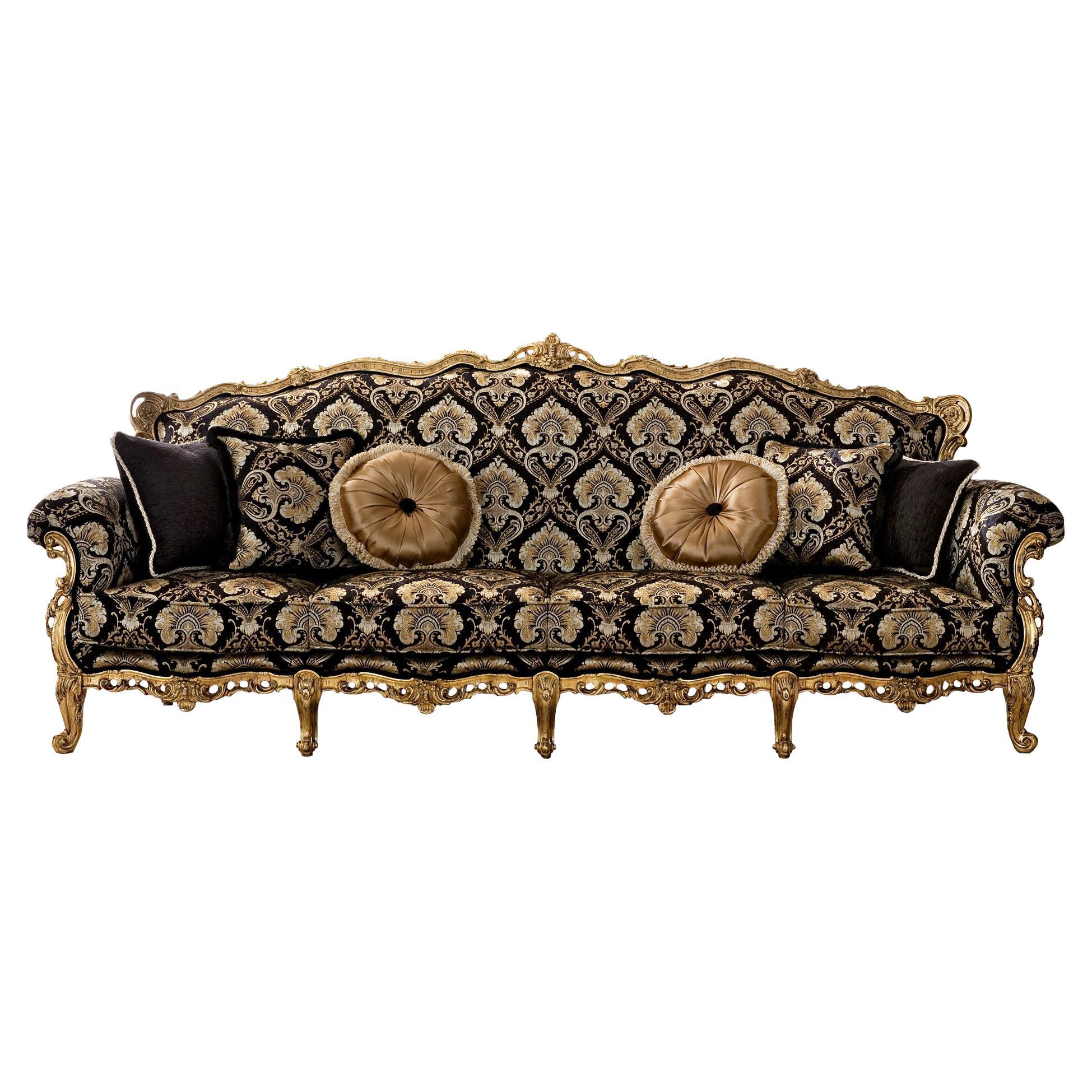Grand Barock-Sofa mit vier Sitzern aus massivem Holz und patiniertem Blattgold im Angebot