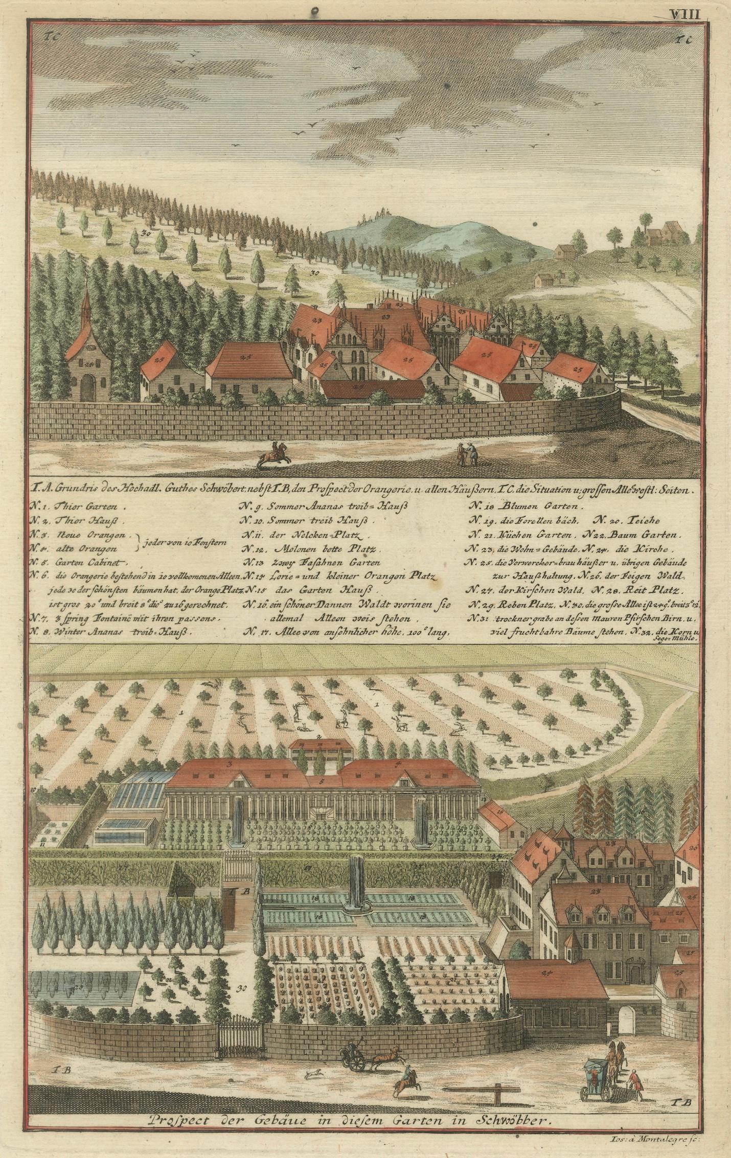Grand Baroque Garden Estate View, Schwöbber Palace, Hand-Colored, 1708