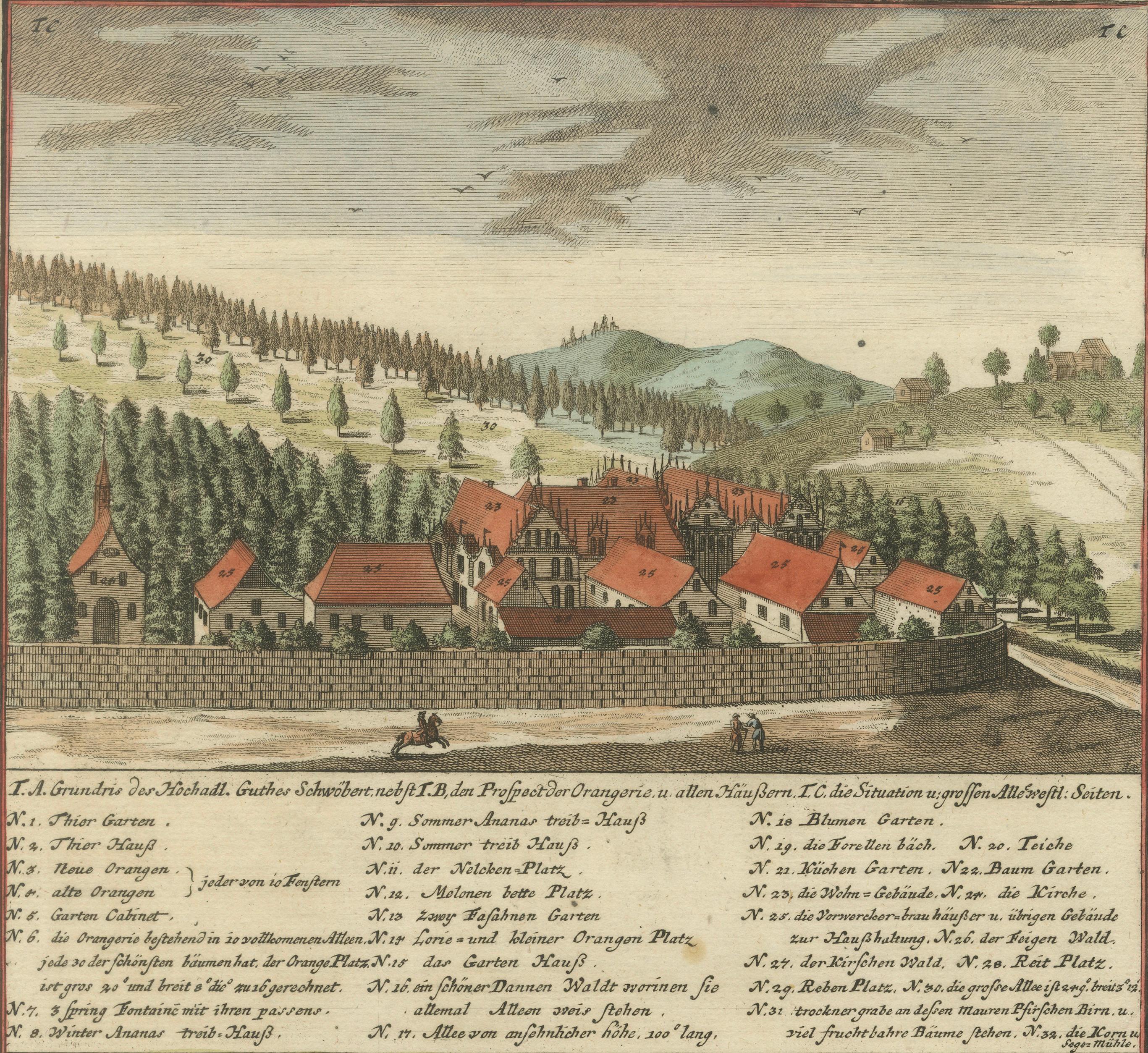 Grand Baroque Garden Estate View, Schwöbber Palace, Hand-Colored, 1708