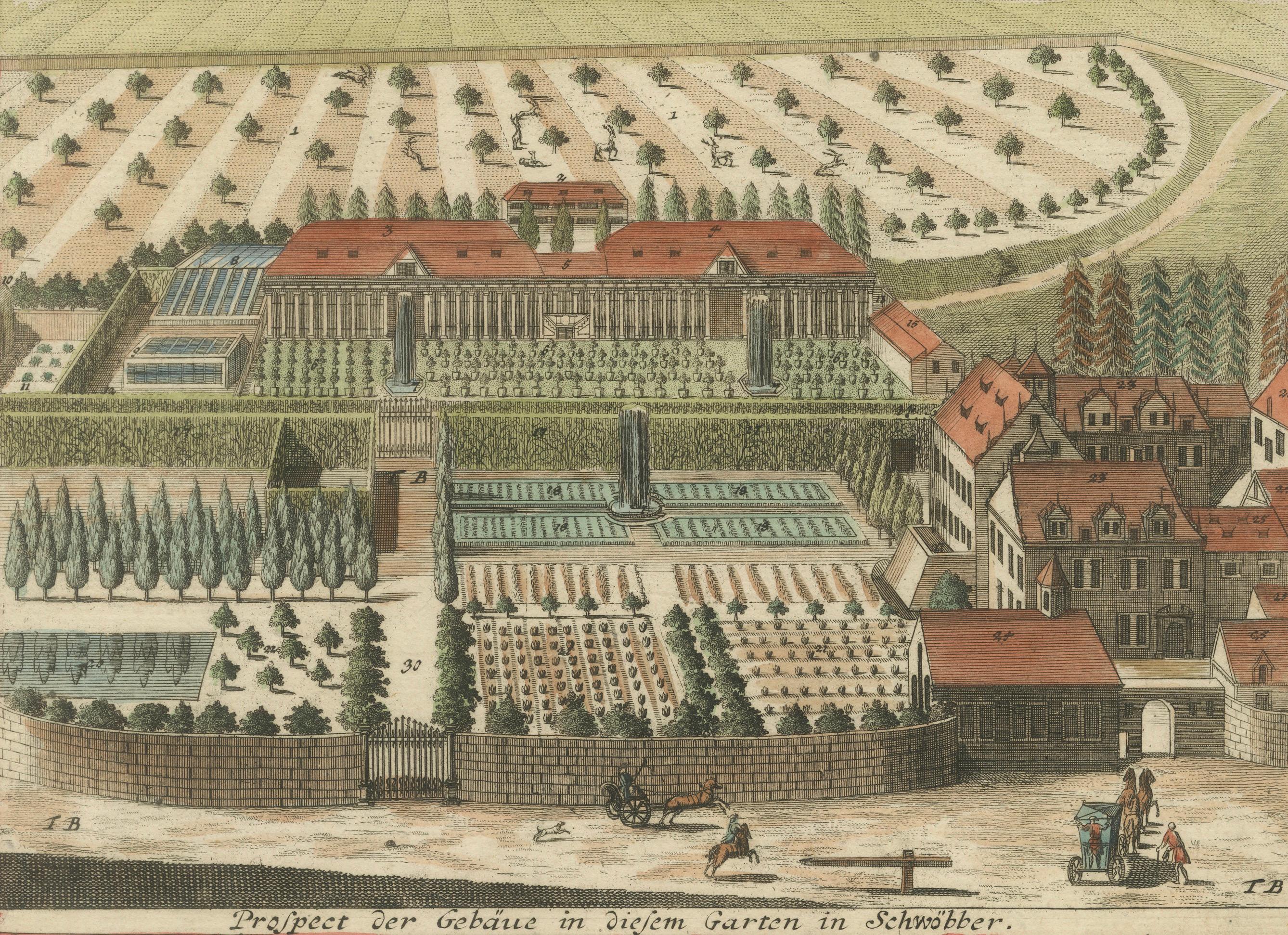 Grand Baroque Garden Estate View, Schwöbber Palace, Hand-Colored, 1708
