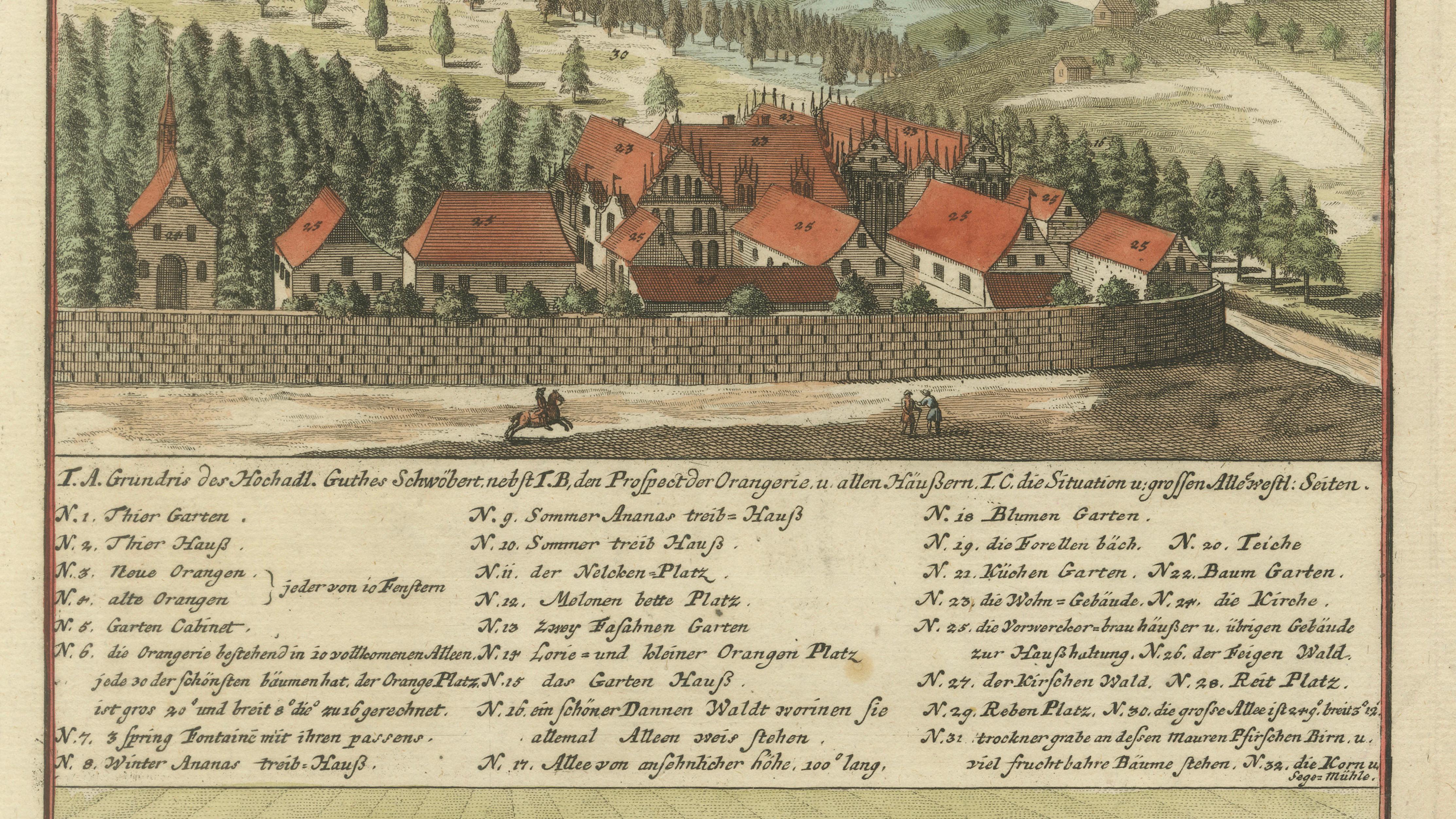 Grand Baroque Garden Estate View, Schwöbber Palace, Hand-Colored, 1708