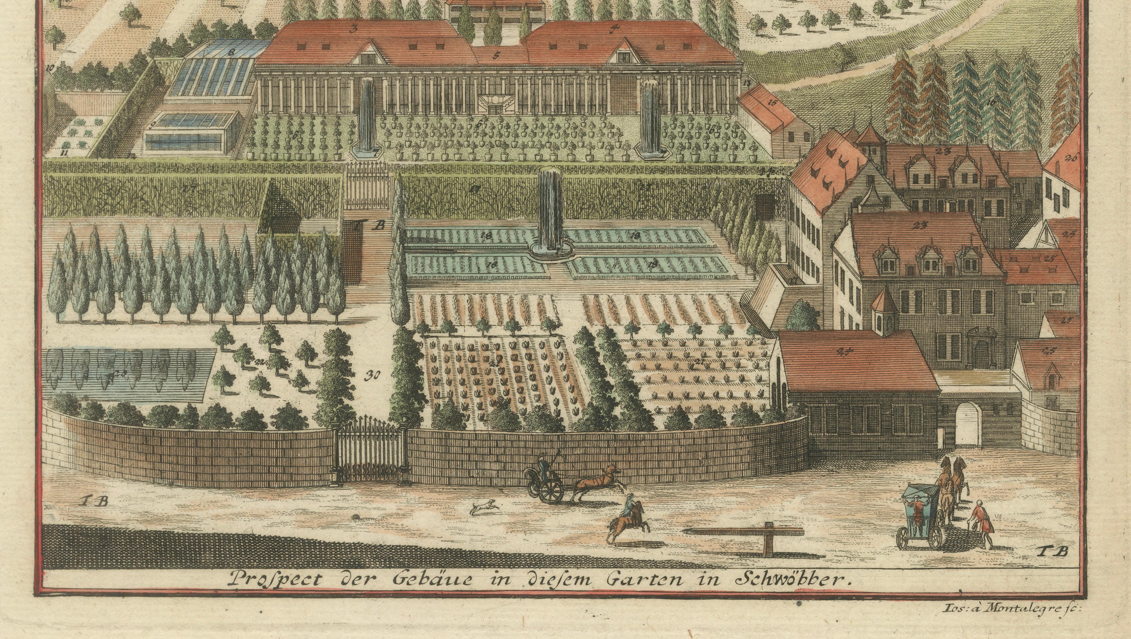 Grand Baroque Garden Estate View, Schwöbber Palace, Hand-Colored, 1708