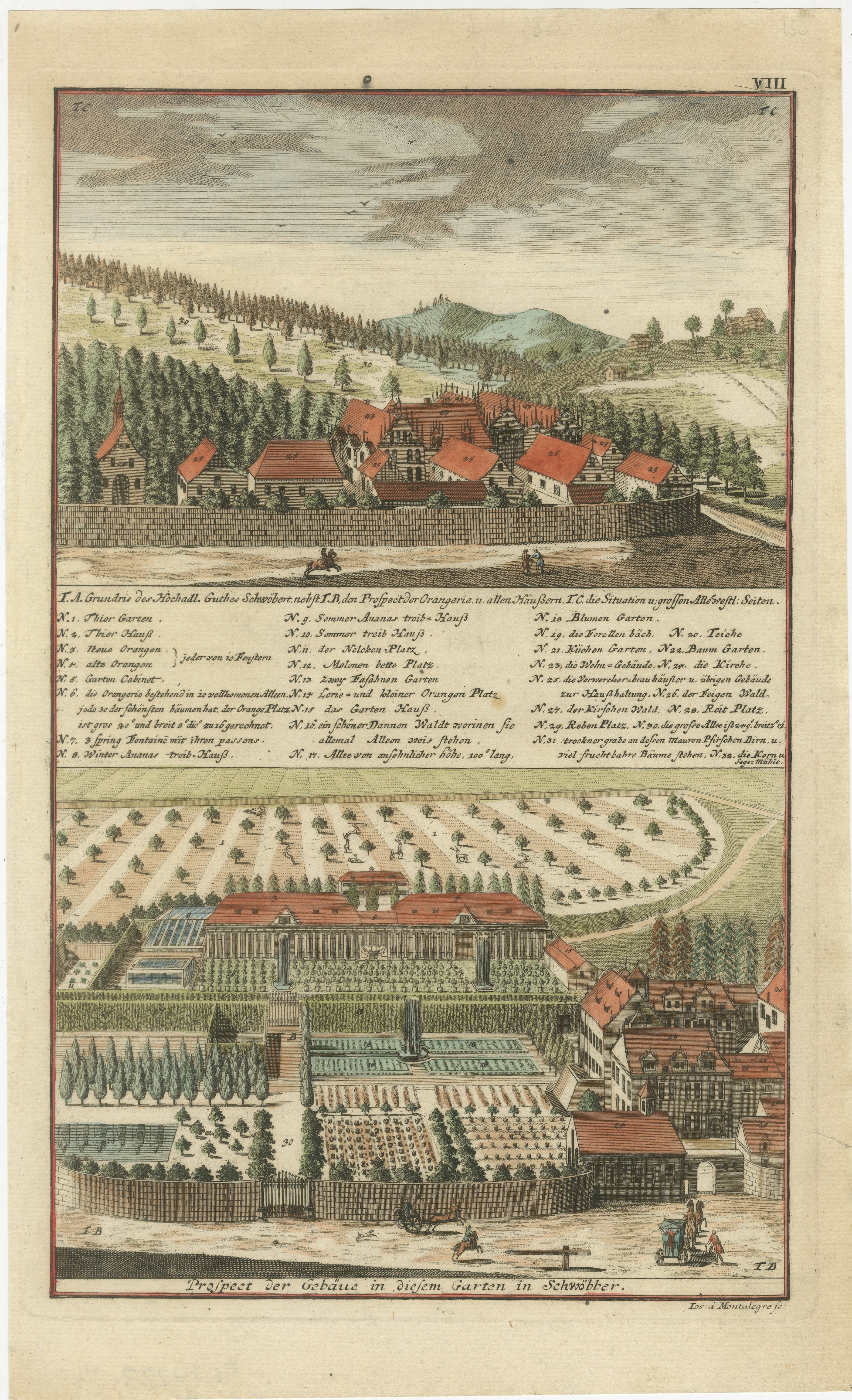Grand Baroque Garden Estate View, Schwöbber Palace, Hand-Colored, 1708