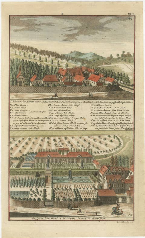 Grand Baroque Garden Estate View, Schwöbber Palace, Hand-Colored, 1708