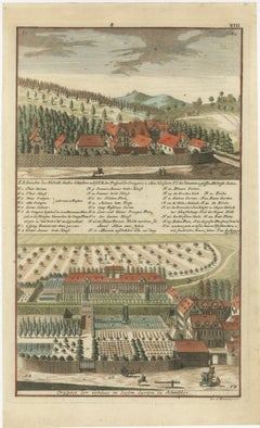 Grand Baroque Garden Estate View, Schwöbber Palace, Hand-Colored, 1708