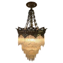 Grand Belle Époque Crown Chandelier with Opaline Glass Fringe, Continental