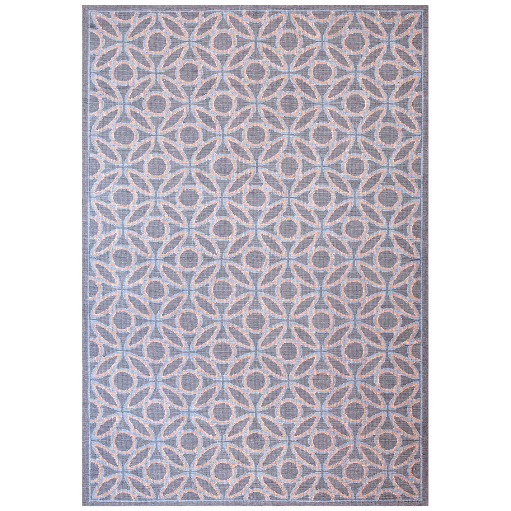 Grand Blue-Orange Circles-Geometric Pattern Needlepoint Flat Weave Rug im Angebot