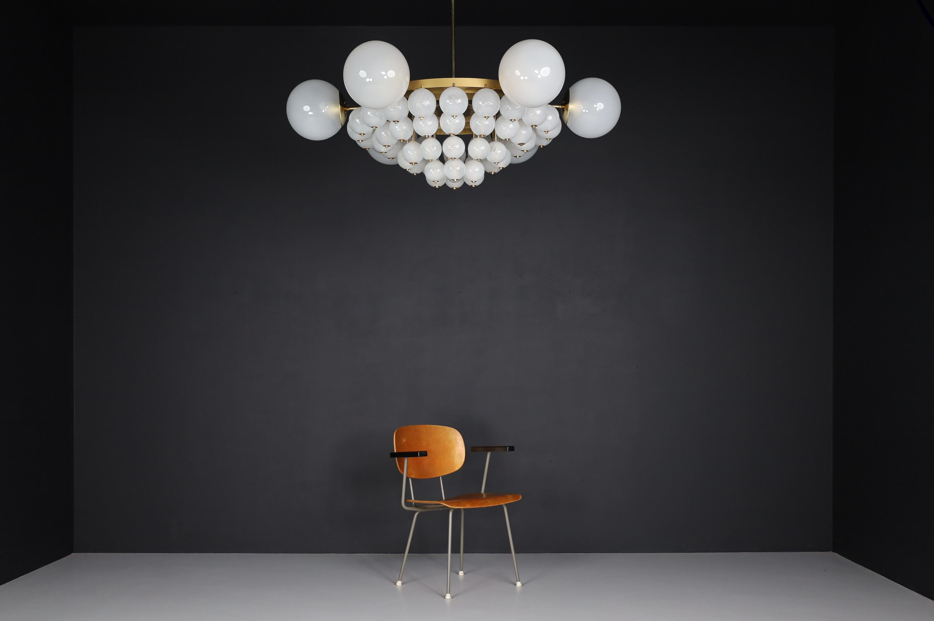 Czech Grand Bohemian Chandelier with Brass Fixture & Hand-blowed Frosted Glass Globes For Sale