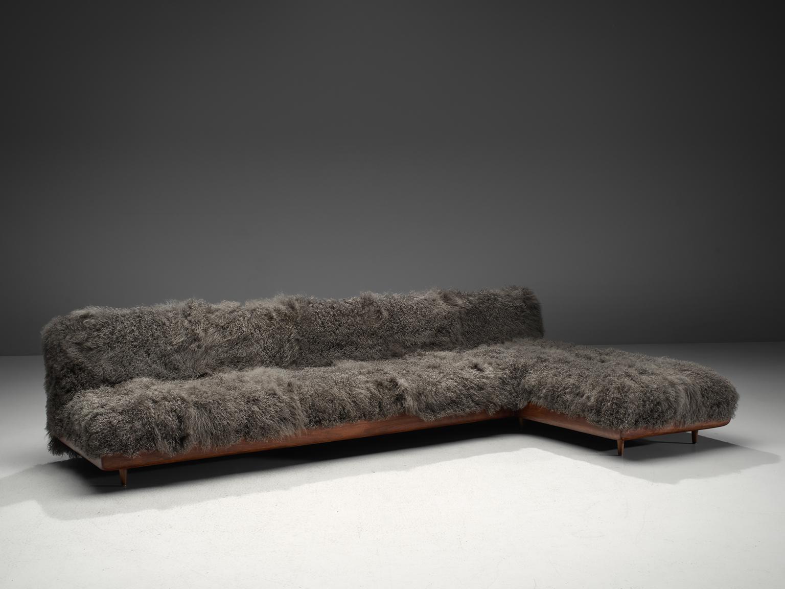 Mid-Century Modern Grand Boomerang Sofa Upholstered in Luxurious Grey Tibetan Wool