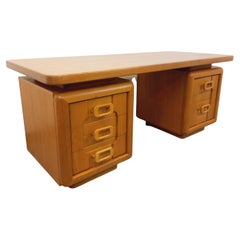 Grand bureau de direction double-face vintage en bois de chêne des années 70