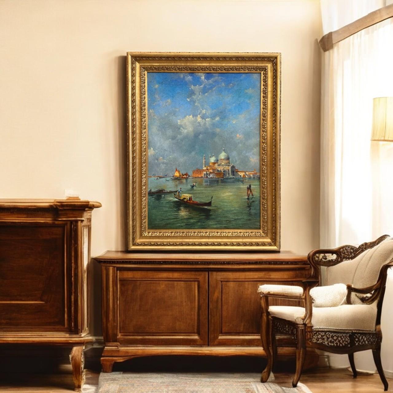 Grand Canal Venice Oil Painting in Ornate Giltwood Frame, 19th Century For Sale 7