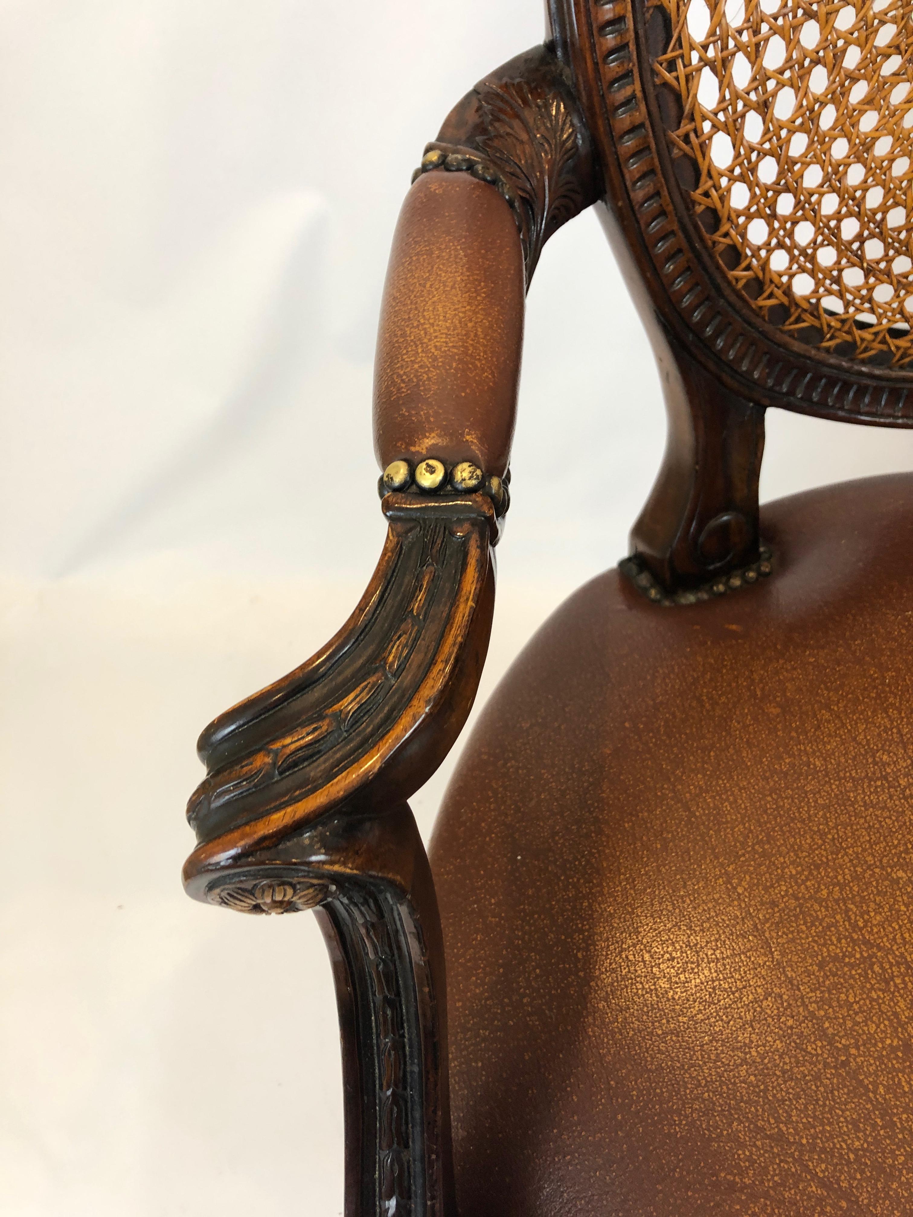 Late 20th Century Grand Caned Cameo Back Armchair with Leather Seat by Theodore Alexander