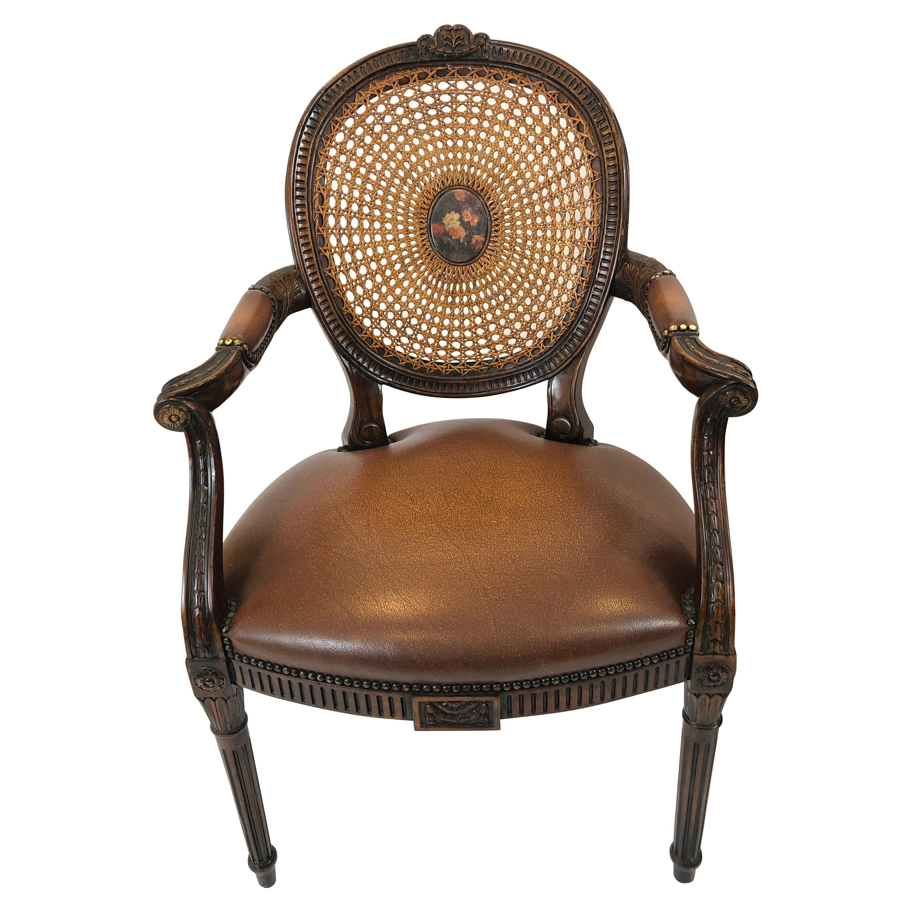 Grand Caned Cameo Back Armchair with Leather Seat by Theodore Alexander