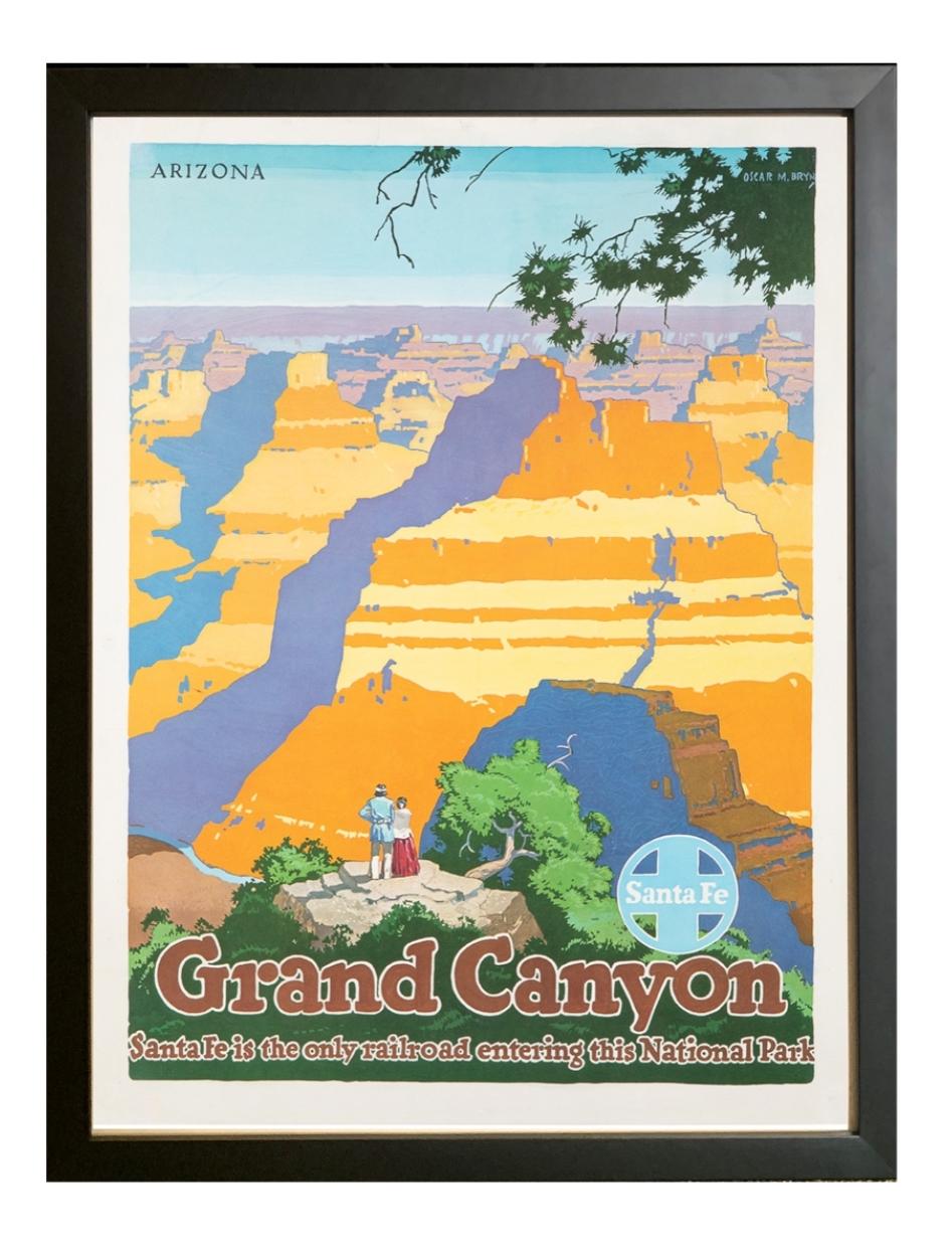 Dies ist ein altes Grand-Canyon-Reiseplakat für die Santa Fe Southern Railway aus dem Jahr 1949. Das Plakat wirbt für Bahnreisen in den Nationalpark. Die Komposition zeigt ein Paar im Vordergrund, das von der weitläufigen Grandeur des Parks in den