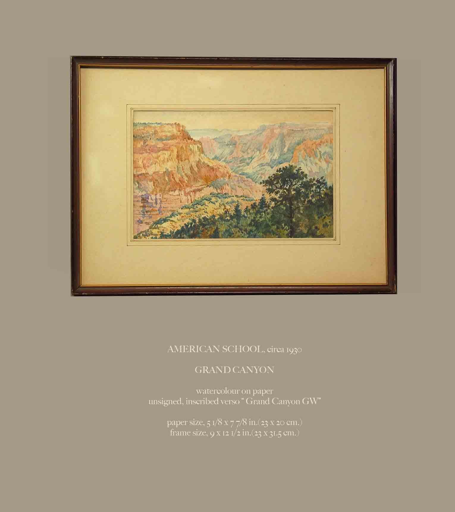 Grand Canyon watercolor, American school, circa 1930, watercolor on paper, framed under glass with matting, unsigned inscribed on verso 