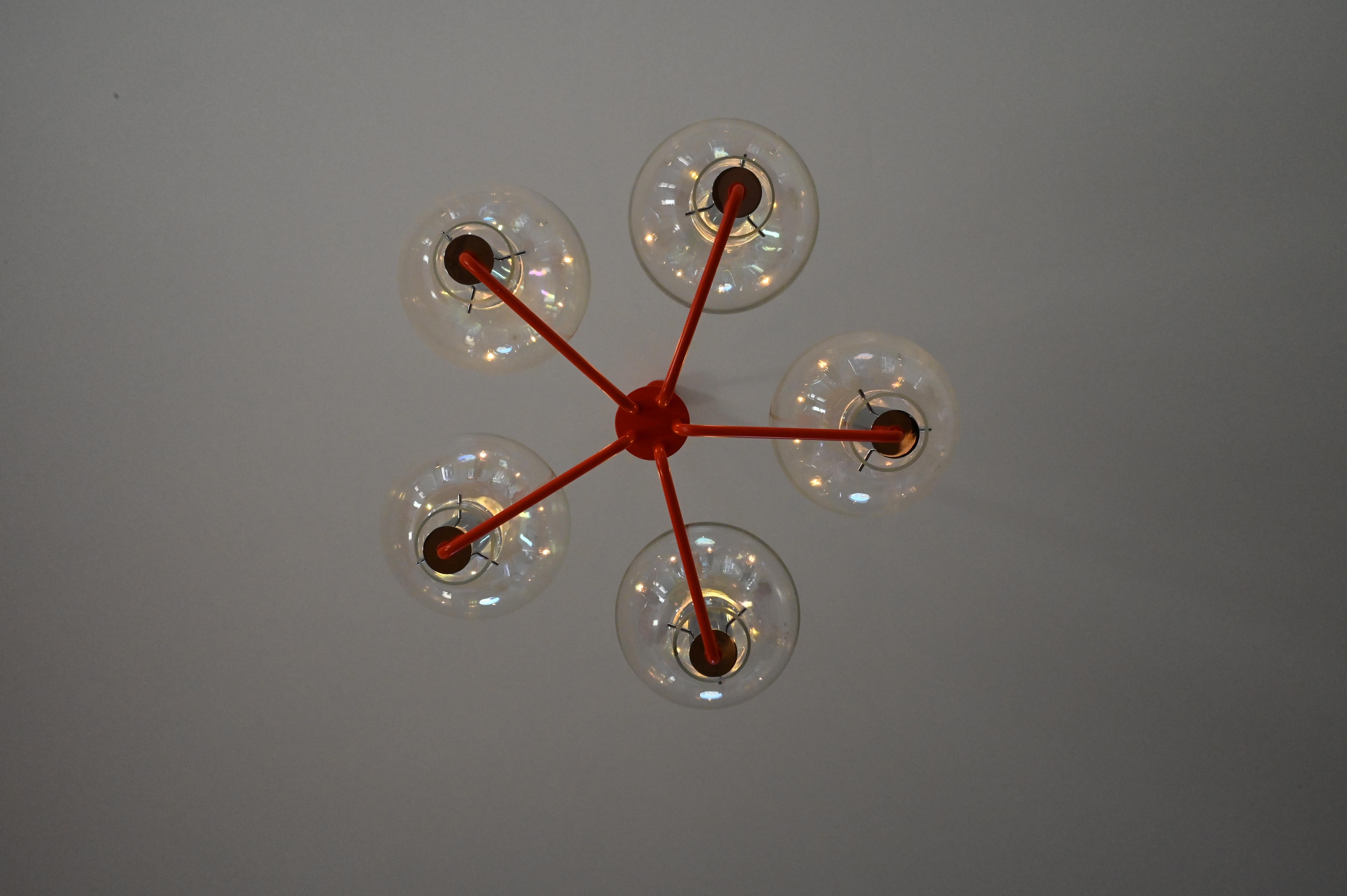 Steel Grand Chandelier by BAG Turgi with 5 Large Spheres, Switzerland For Sale