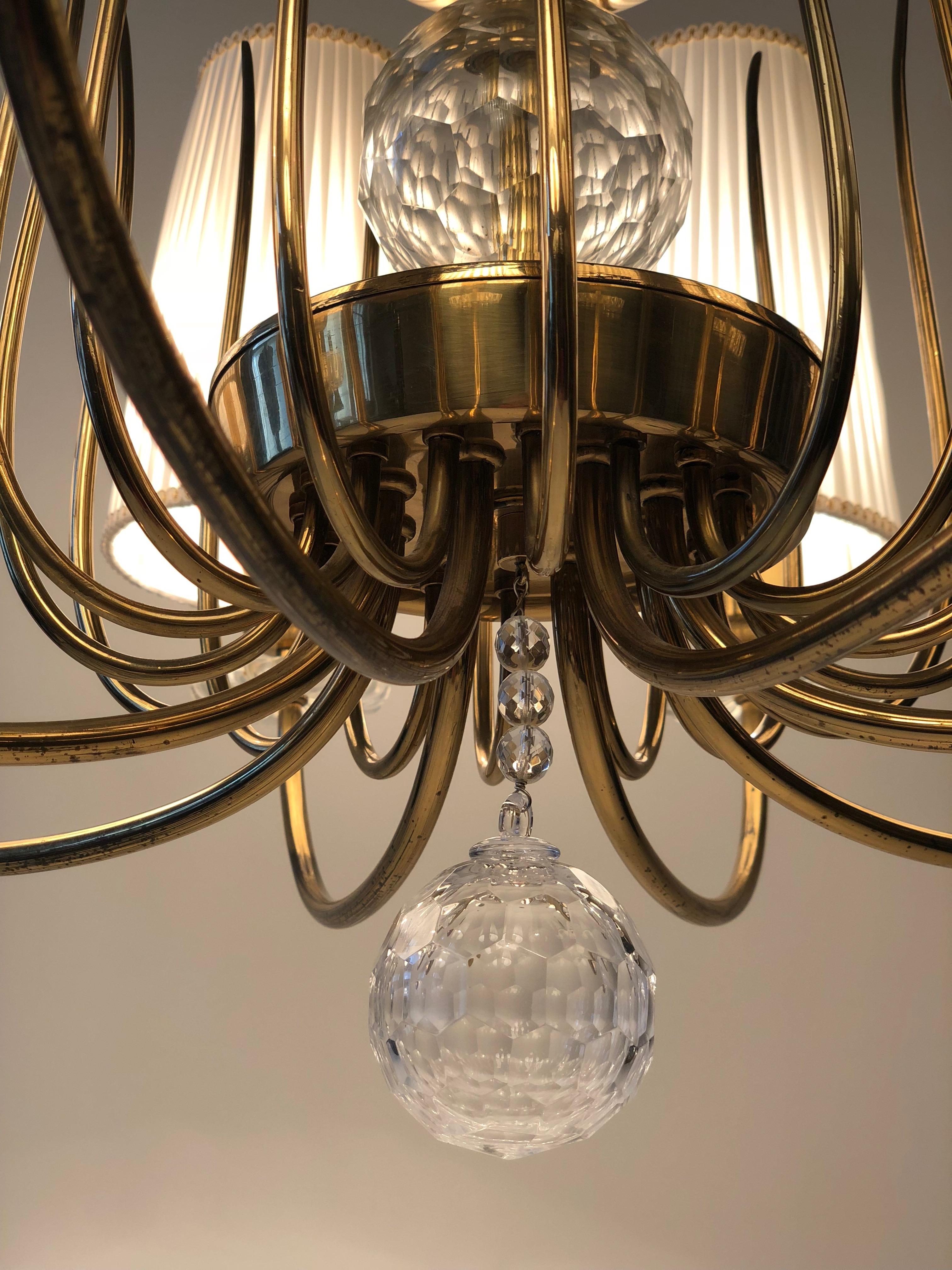 Austrian Grand Chandelier from J. L. Lobmeyr in Brass, Crystal and Silk Shades For Sale