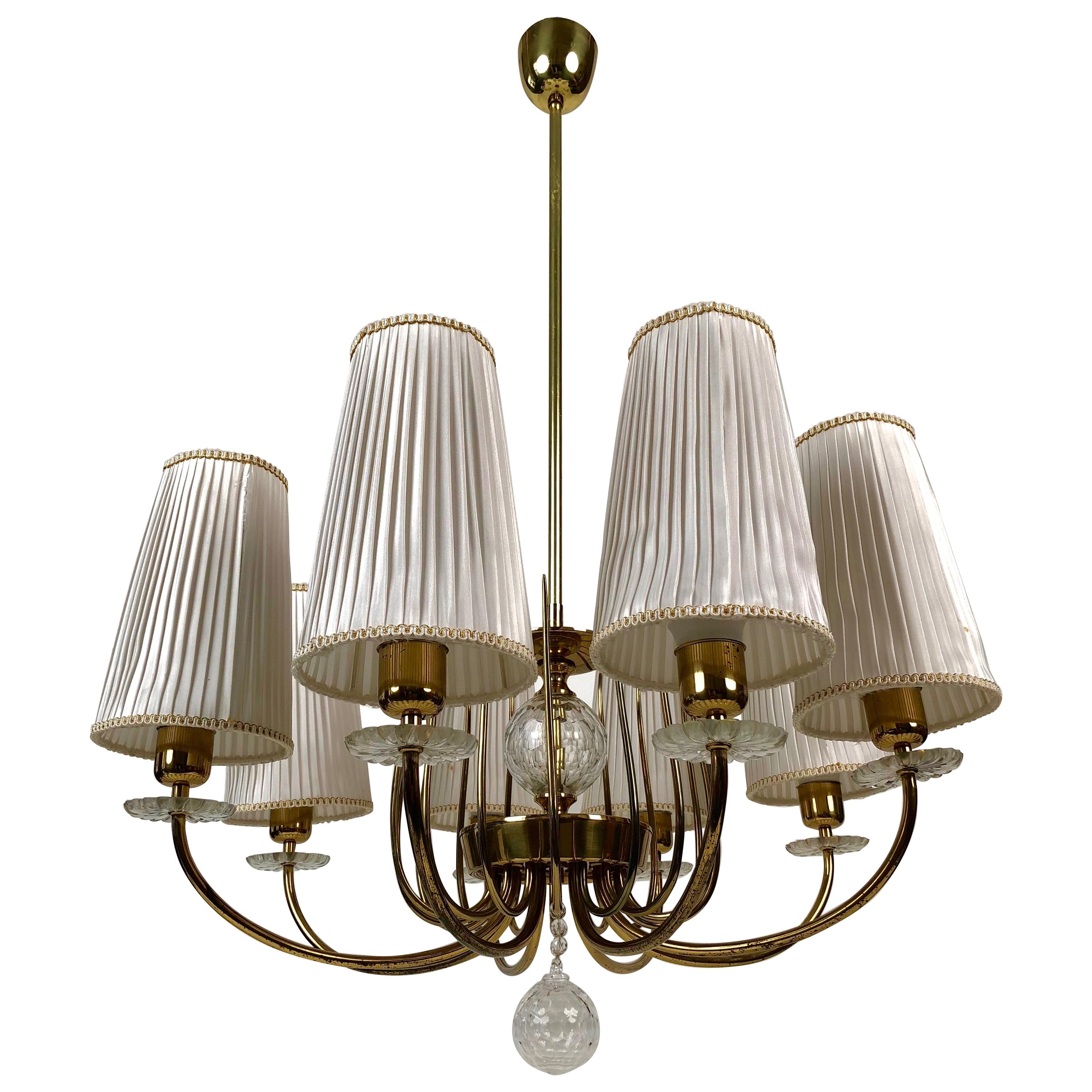 Grand Chandelier from J. L. Lobmeyr in Brass, Crystal and Silk Shades For Sale