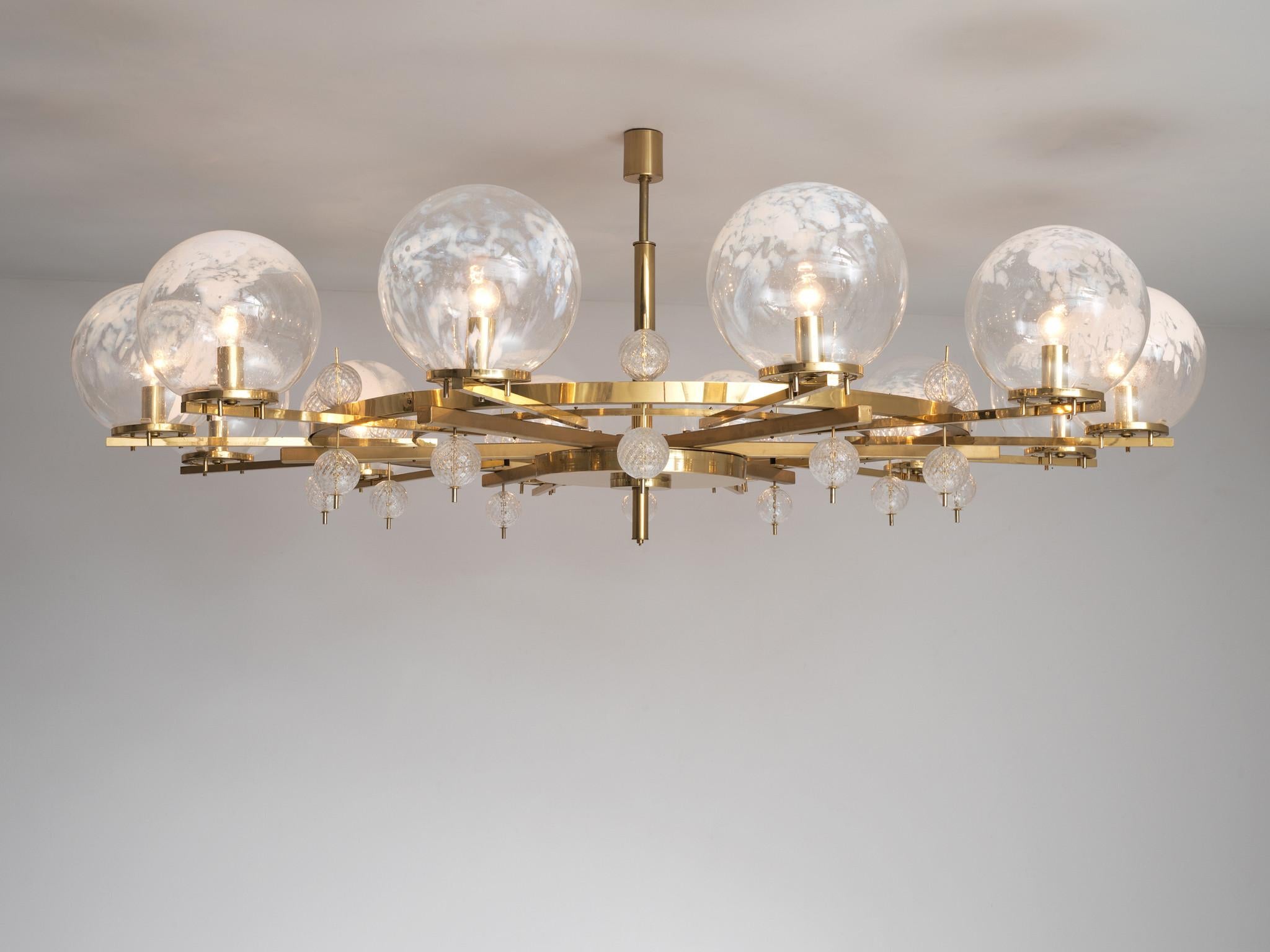 Mid-Century Modern Grand Chandelier in Brass and Art-Glass Spheres 8.5 feet  For Sale