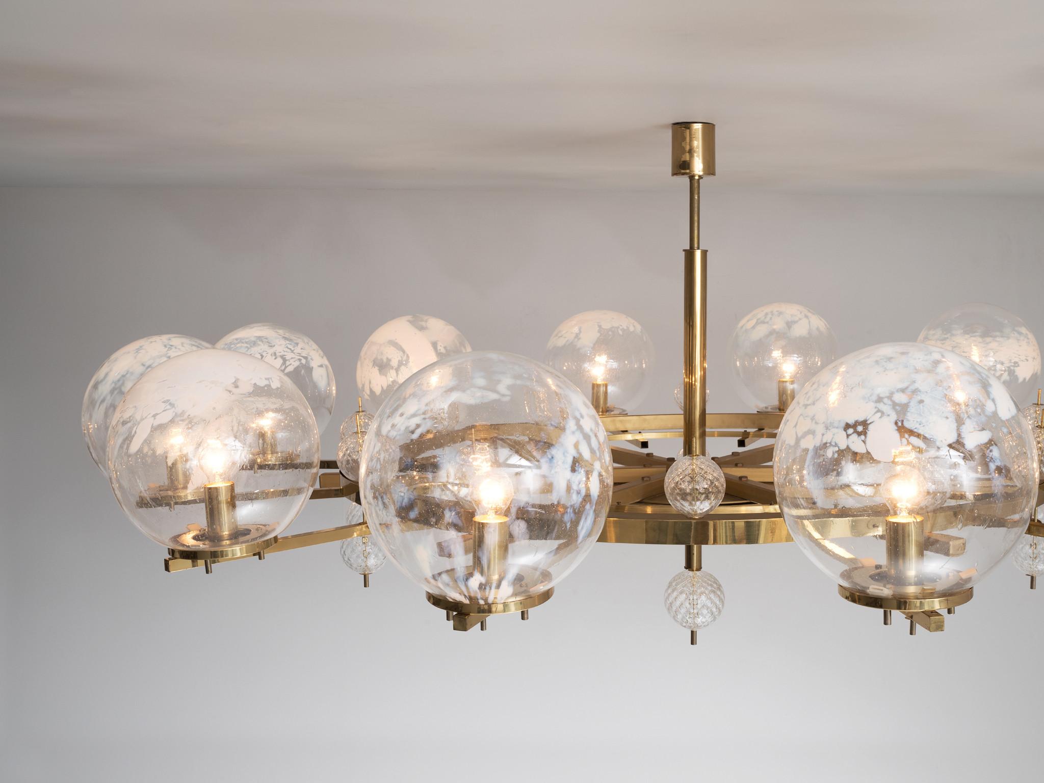 European Grand Chandelier in Brass and Art-Glass Spheres 8.5 feet  For Sale