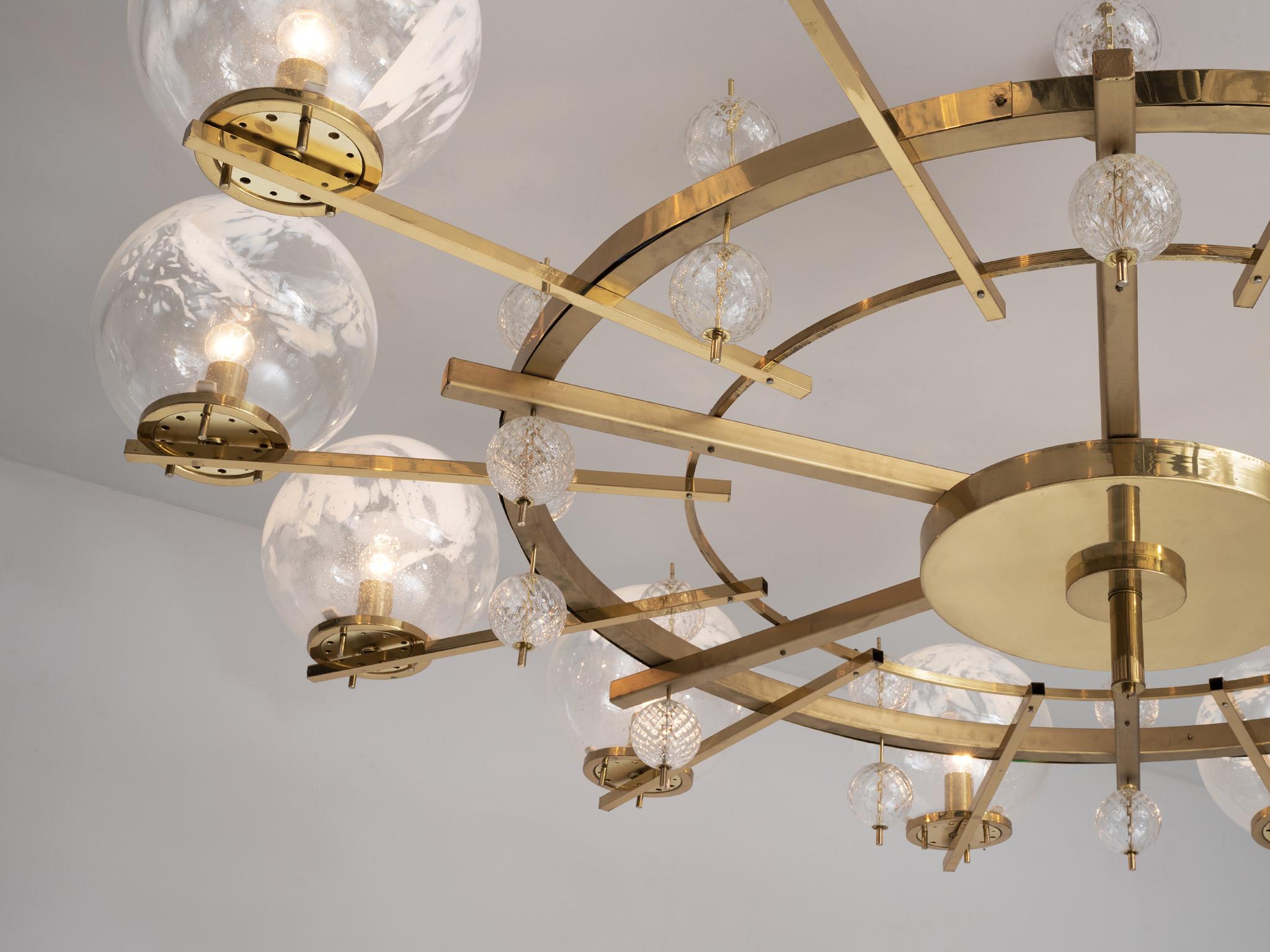 Late 20th Century Grand Chandelier in Brass and Art-Glass Spheres 8.5 feet  For Sale