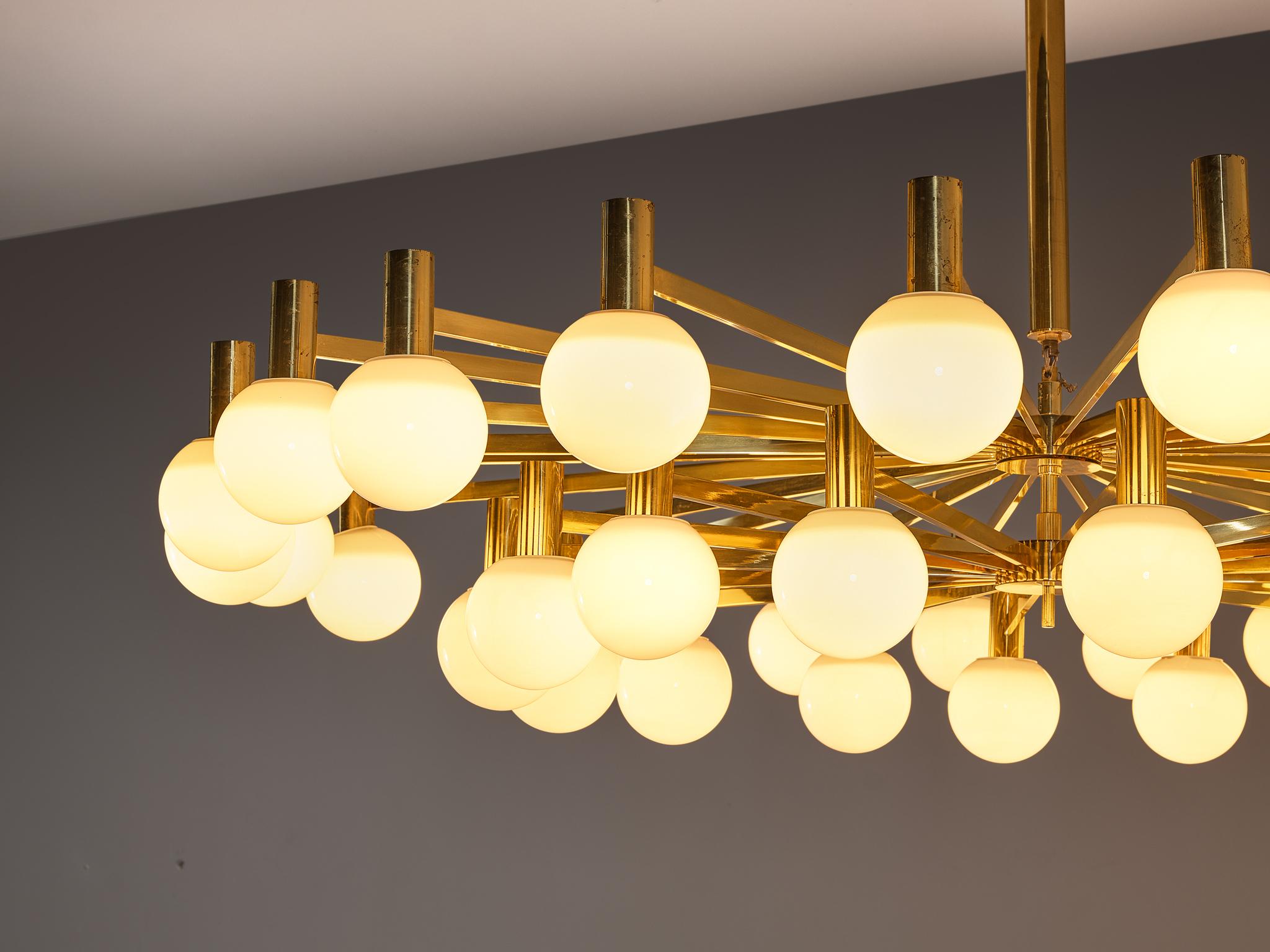 European Grand Chandelier in Brass and Milk Glass Spheres 210 cm/82 in Wide  For Sale