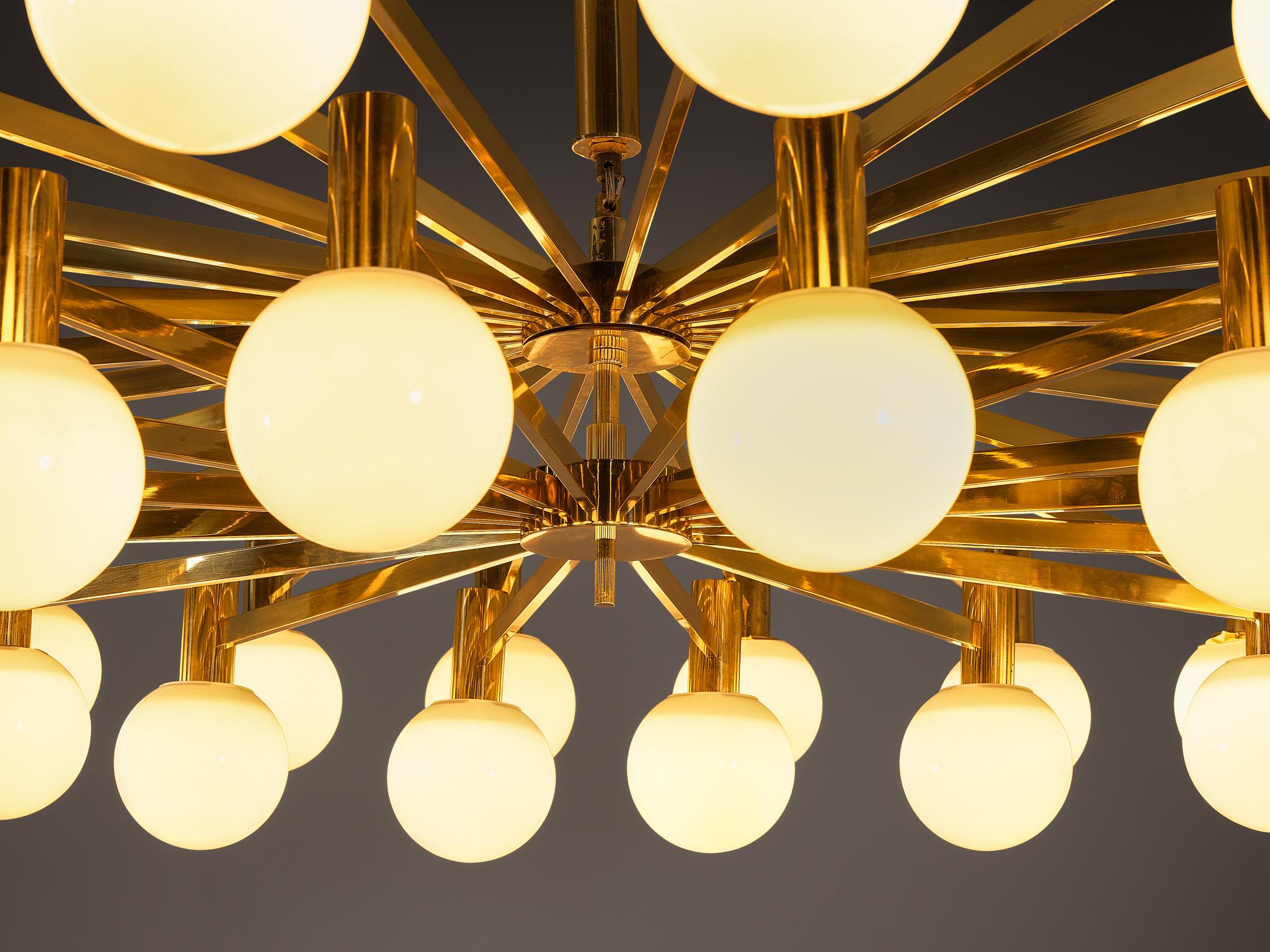 Late 20th Century Grand Chandelier in Brass and Milk Glass Spheres 210 cm/82 in Wide  For Sale