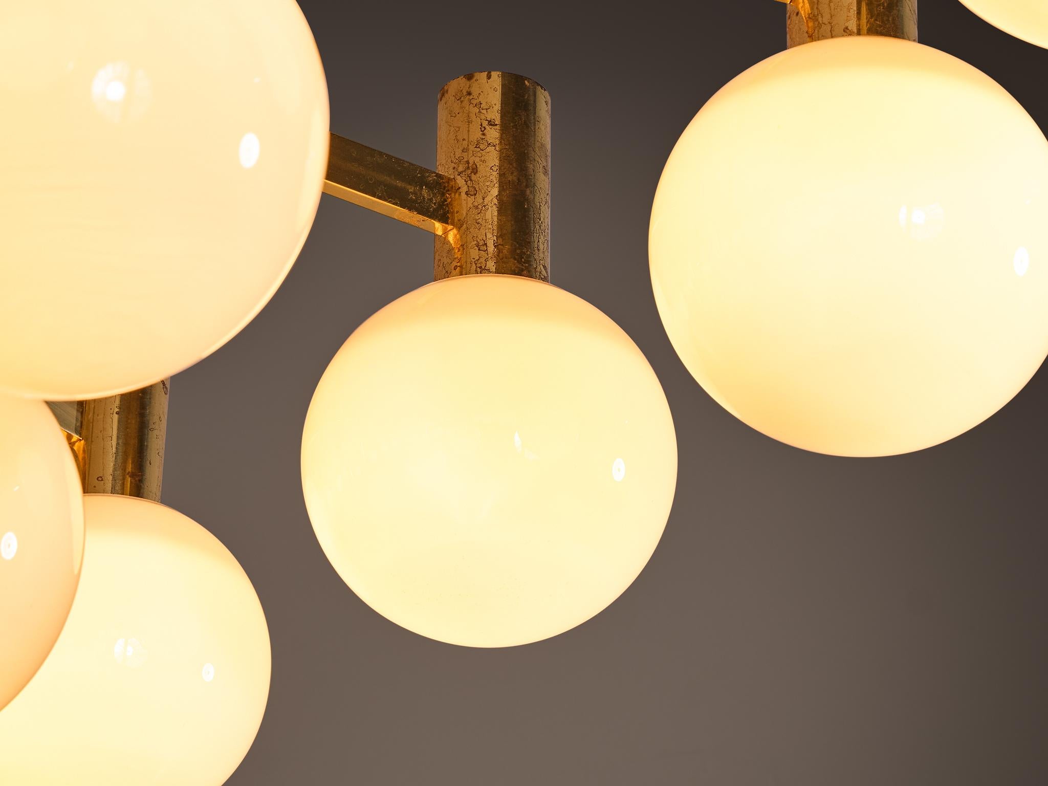 Grand Chandelier in Brass and Milk Glass Spheres 210 cm/82 in Wide  For Sale 3