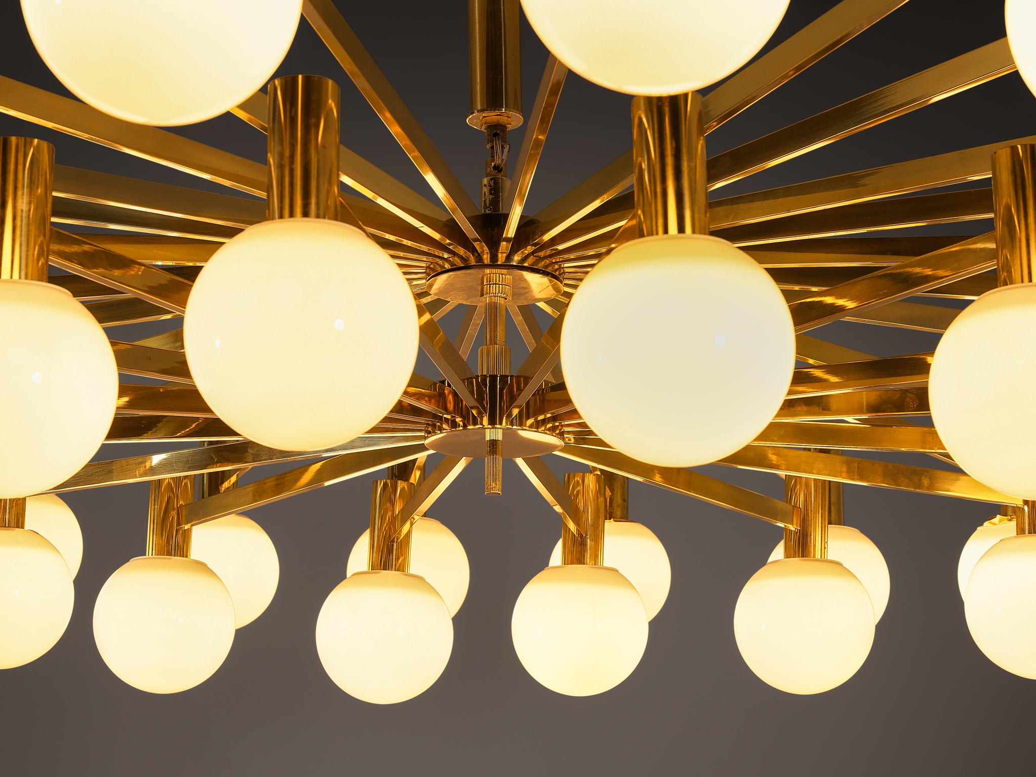 Late 20th Century Grand Chandelier in Brass and Milk Glass Spheres 214 cm/84.25 in. Wide