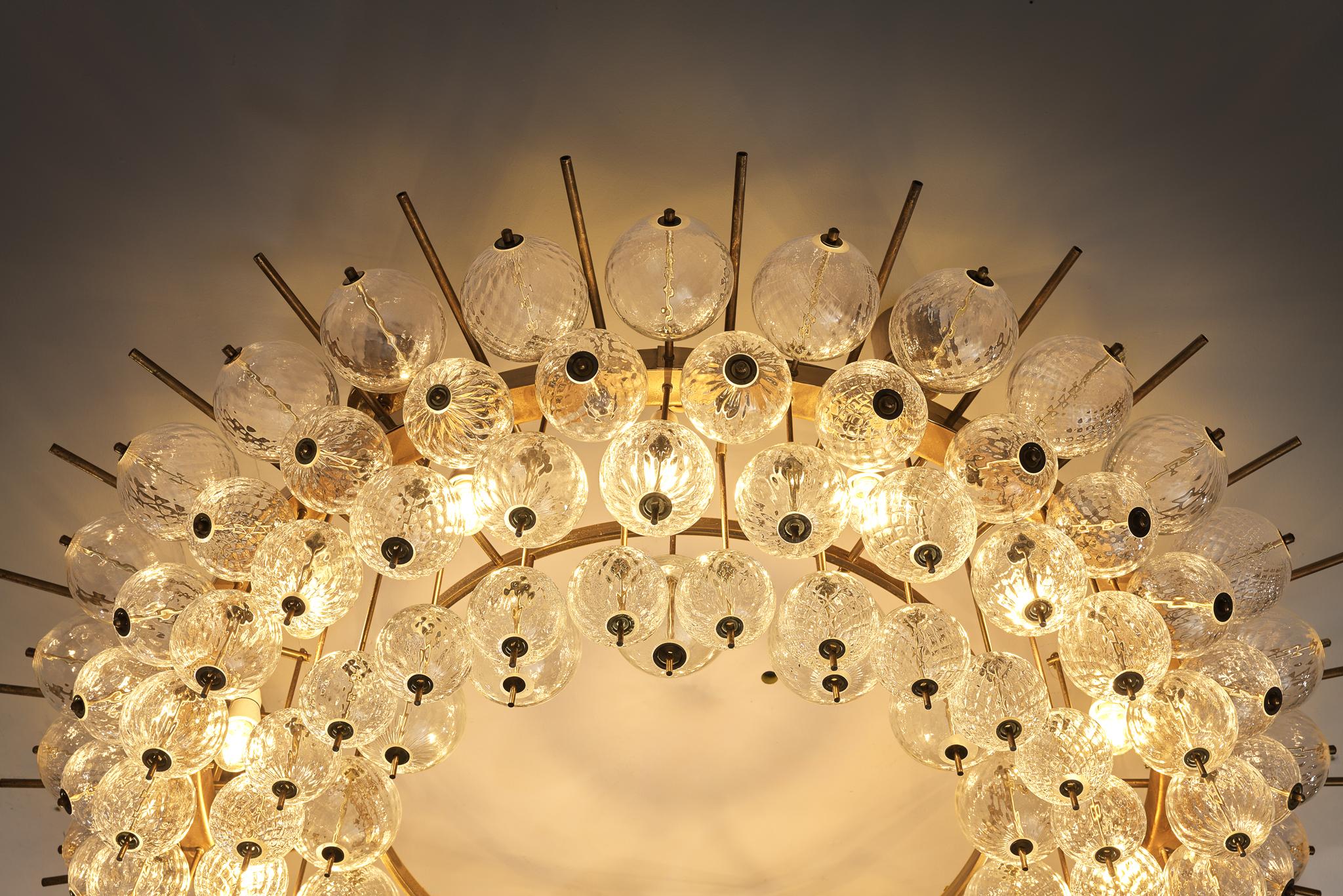 Grand Chandelier in Brass and Ribbed Glass Spheres 153cm/60in For Sale 6