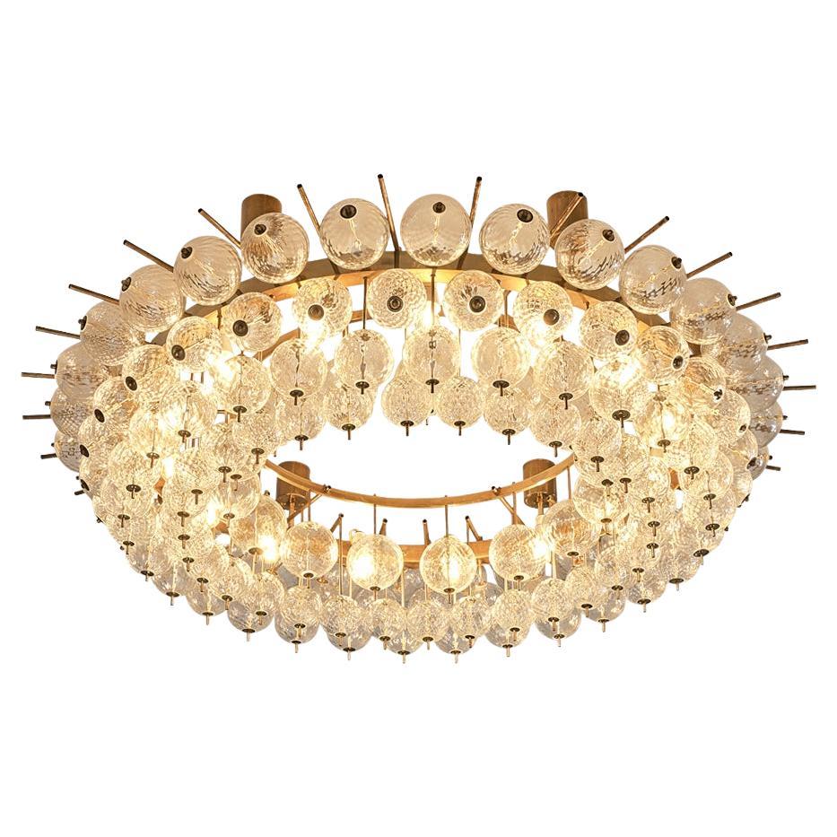 Grand Chandelier in Brass and Ribbed Glass Spheres 153cm/60in For Sale