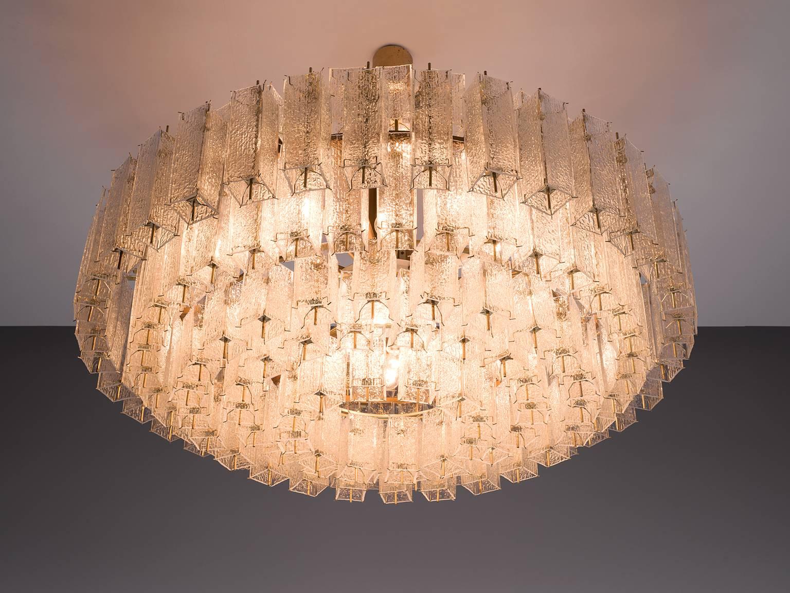 European Grand Chandelier in Brass and Structured Glass