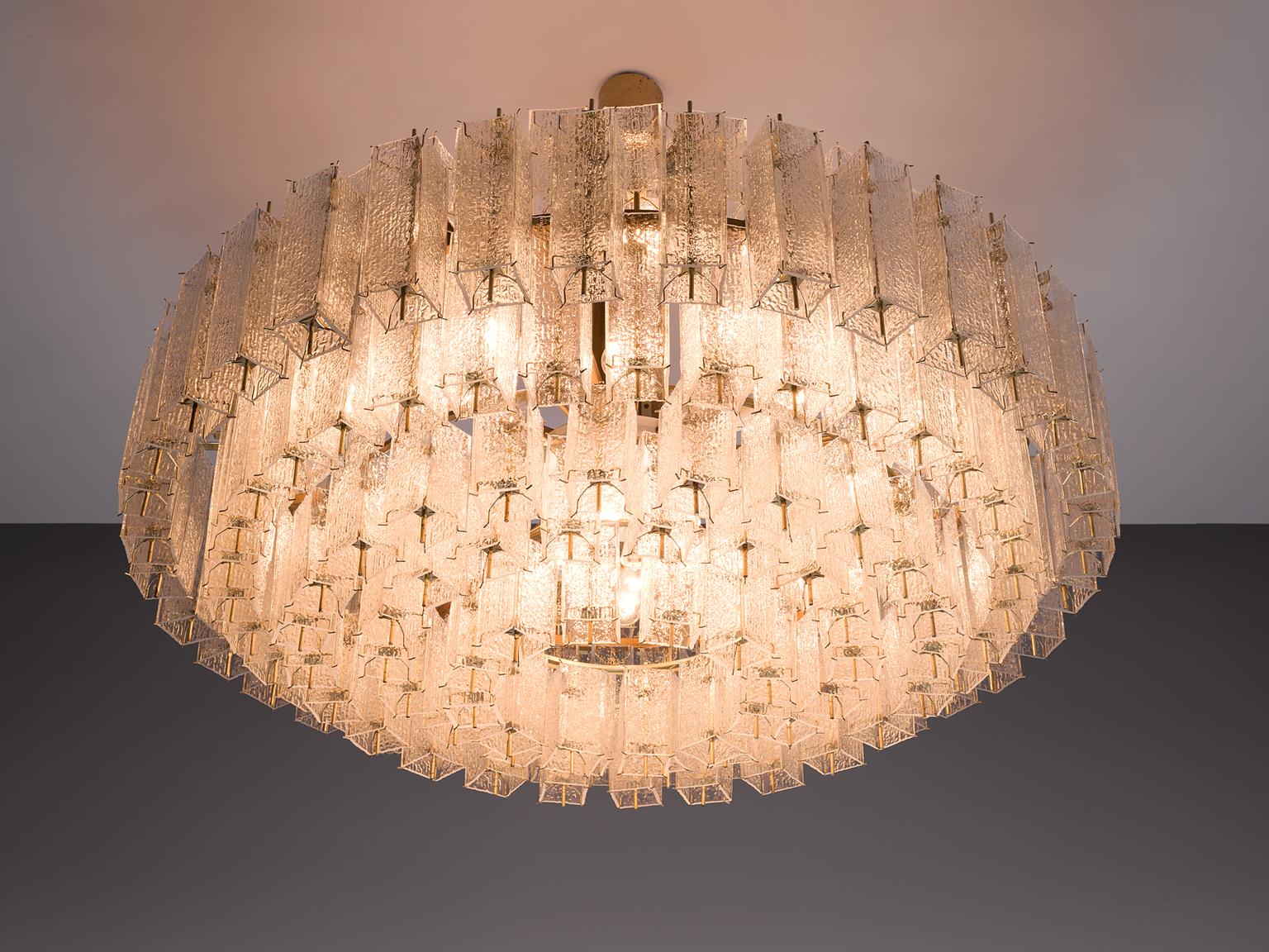 European Grand Chandelier in Brass and Structured Glass  For Sale